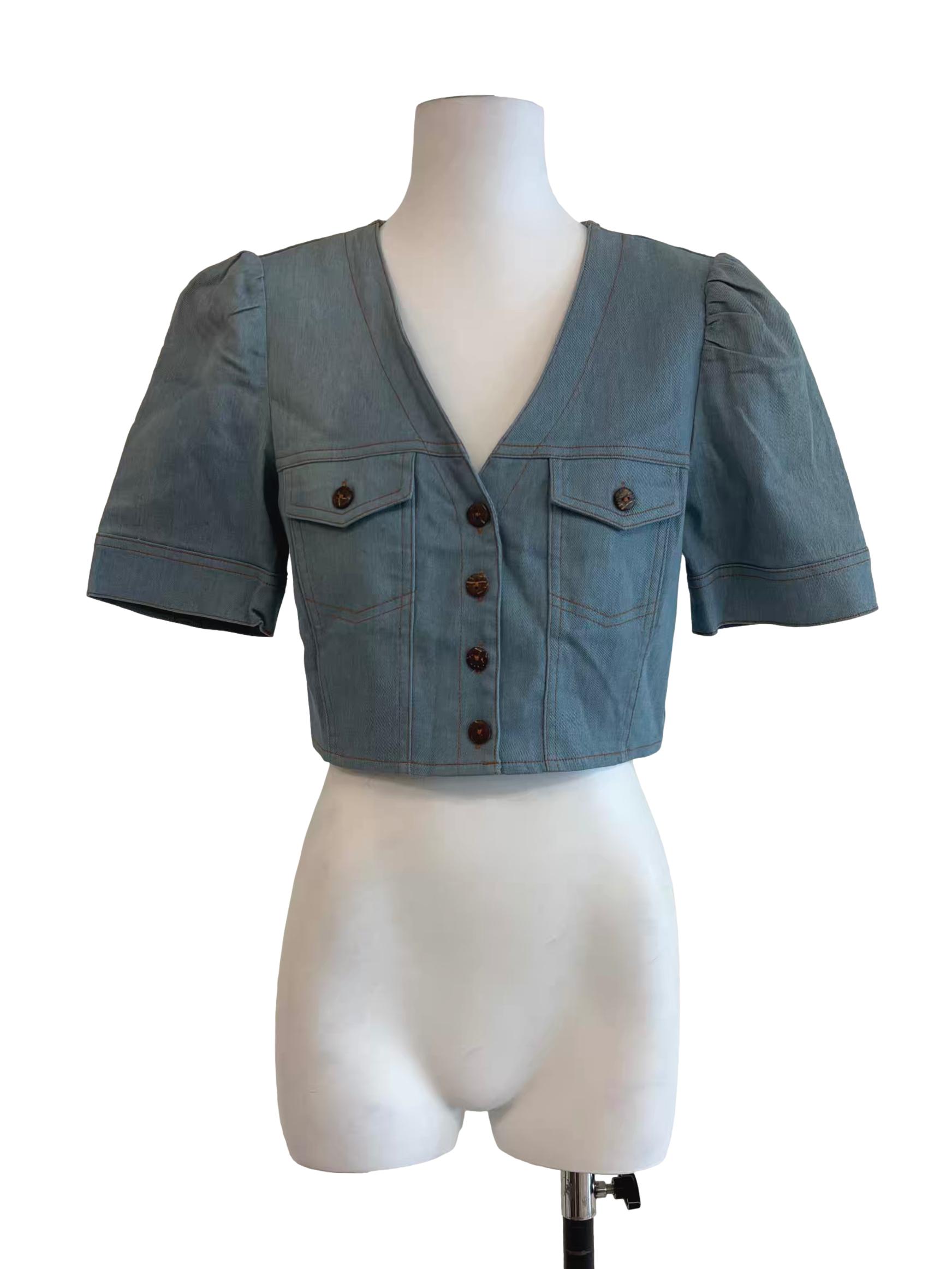 Denim Blue Cropped Button Top