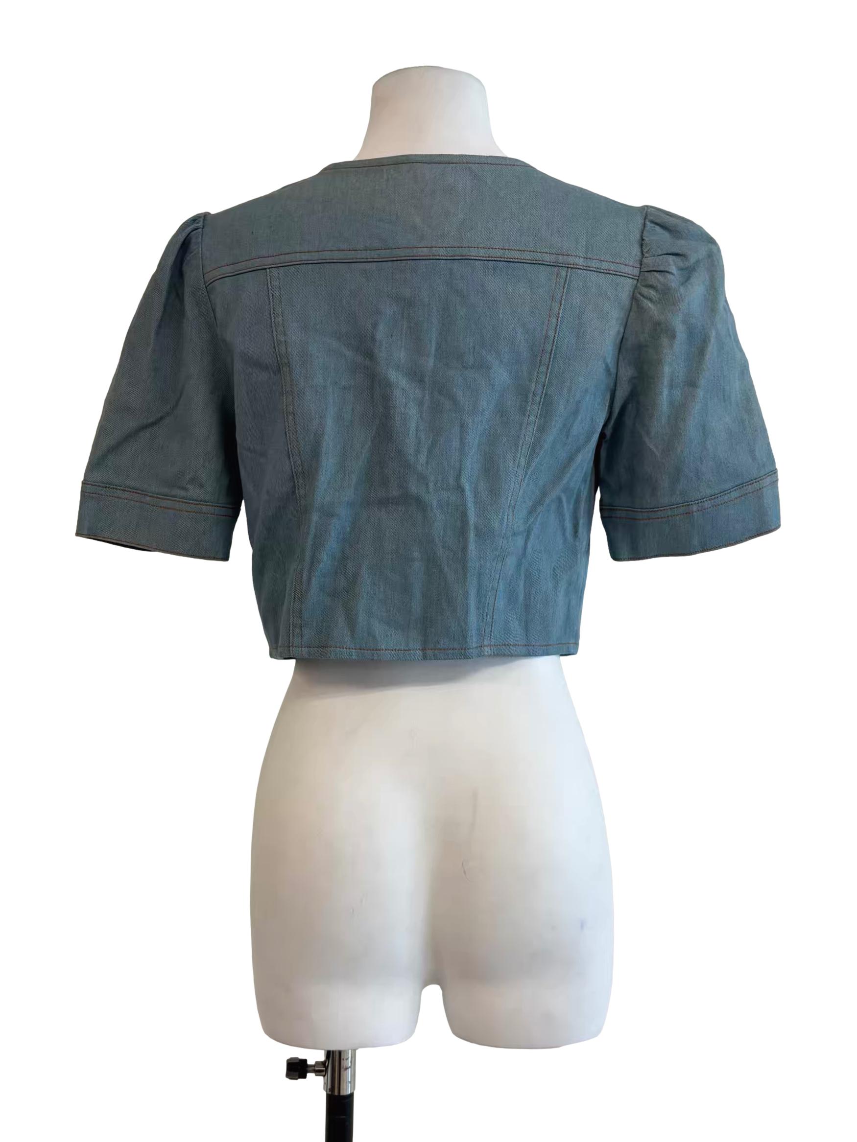 Denim Blue Cropped Button Top
