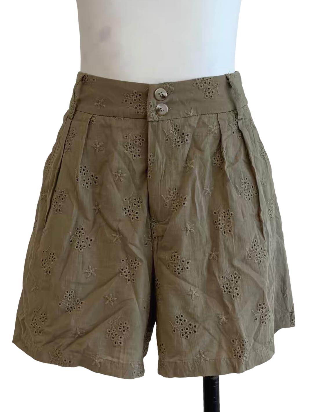 Moss Green Cotton Eyelet Shorts
