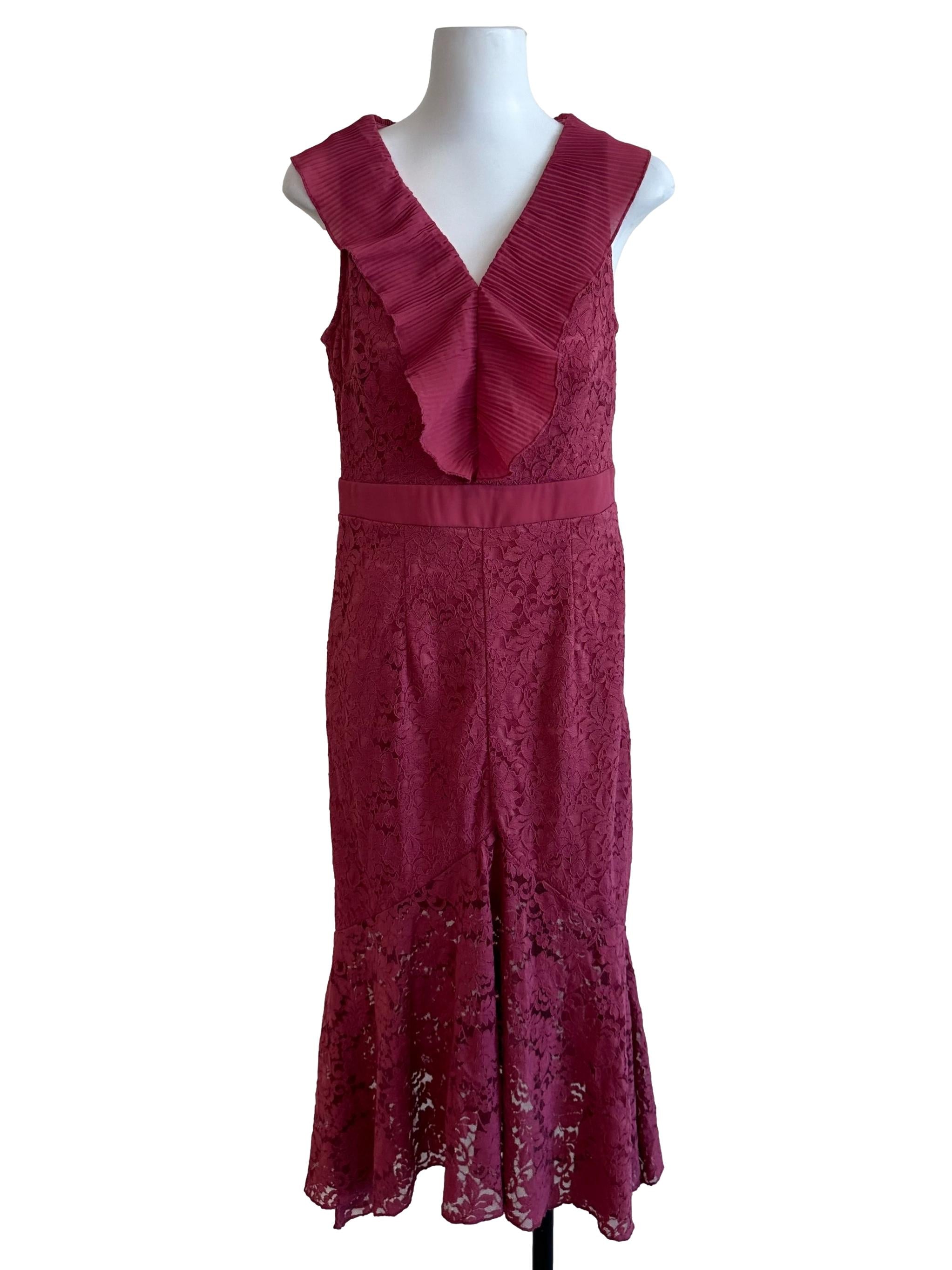 Magenta Pink V Neck Pleated Lace Dress
