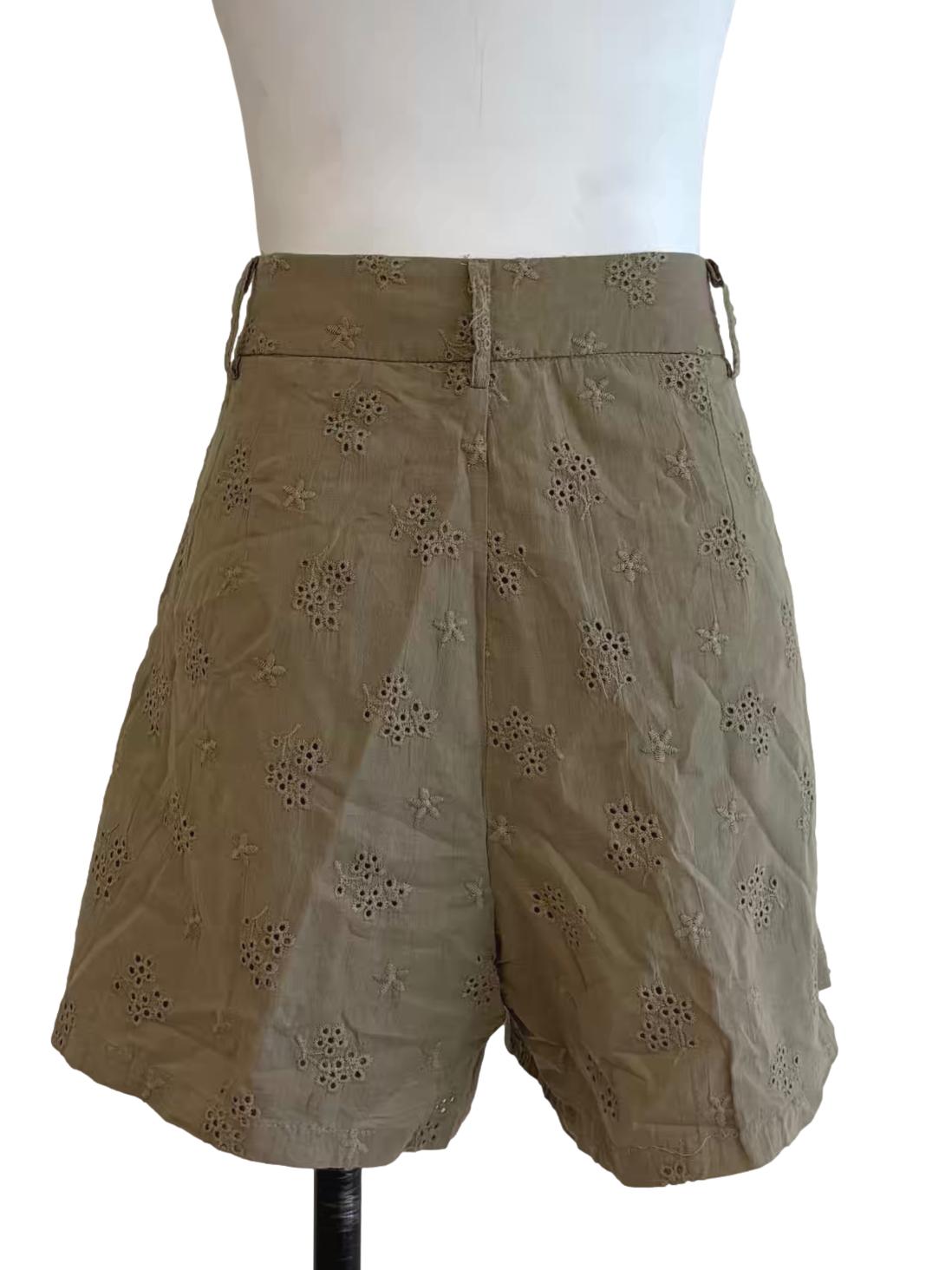 Moss Green Cotton Eyelet Shorts