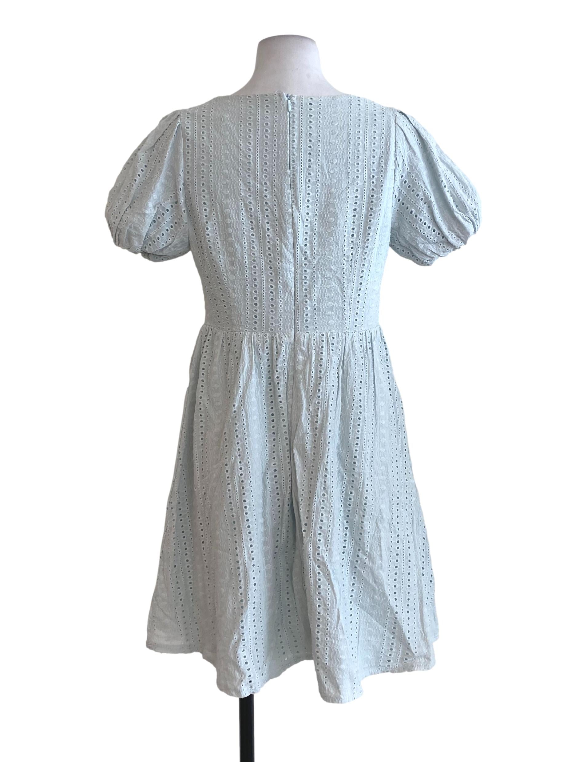 Blue Embroidered Square Neck Dress
