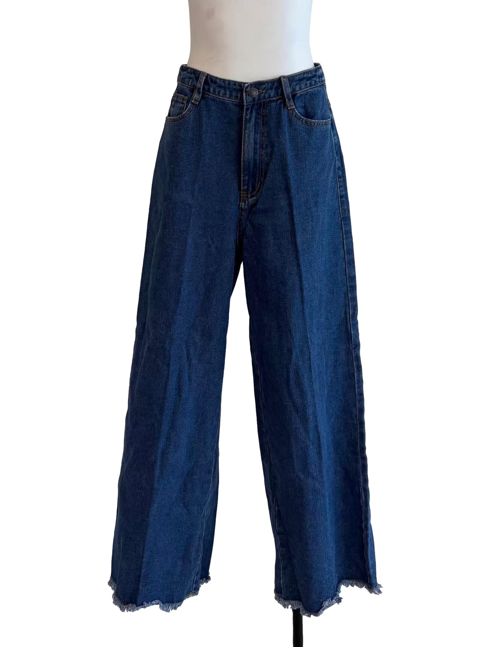 Denim Blue Frayed Wide Leg Jeans