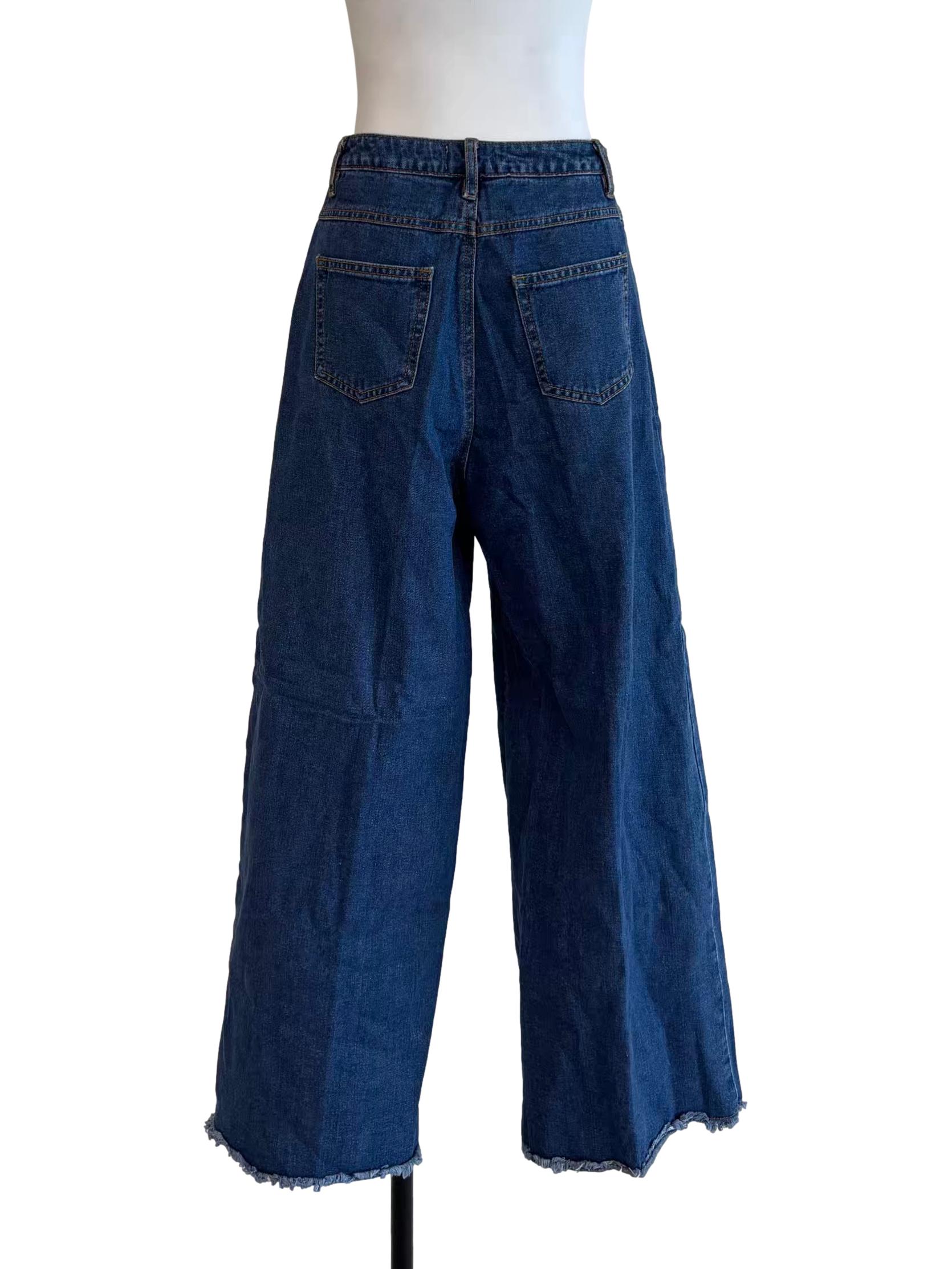Denim Blue Frayed Wide Leg Jeans