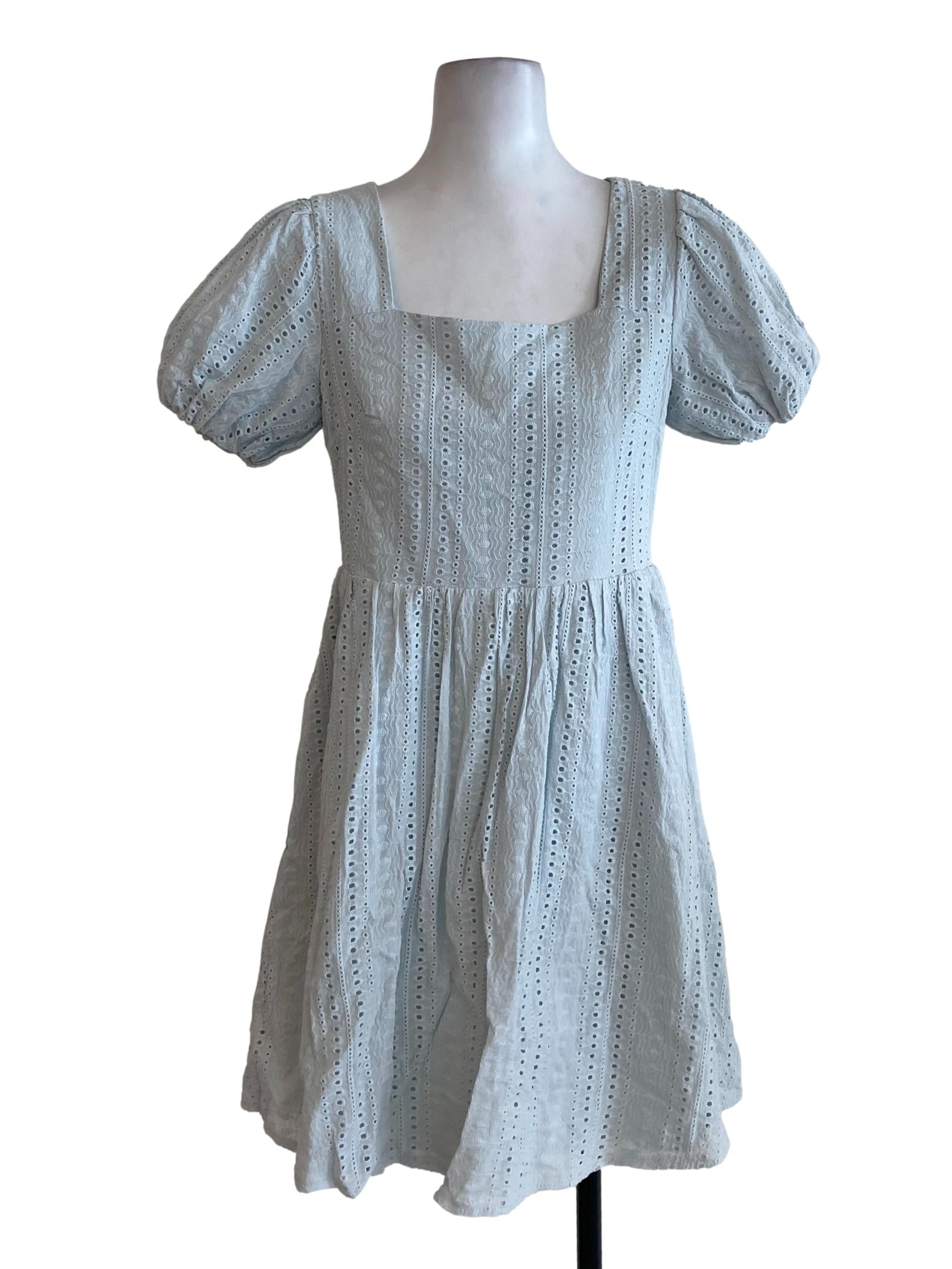 Blue Embroidered Square Neck Dress
