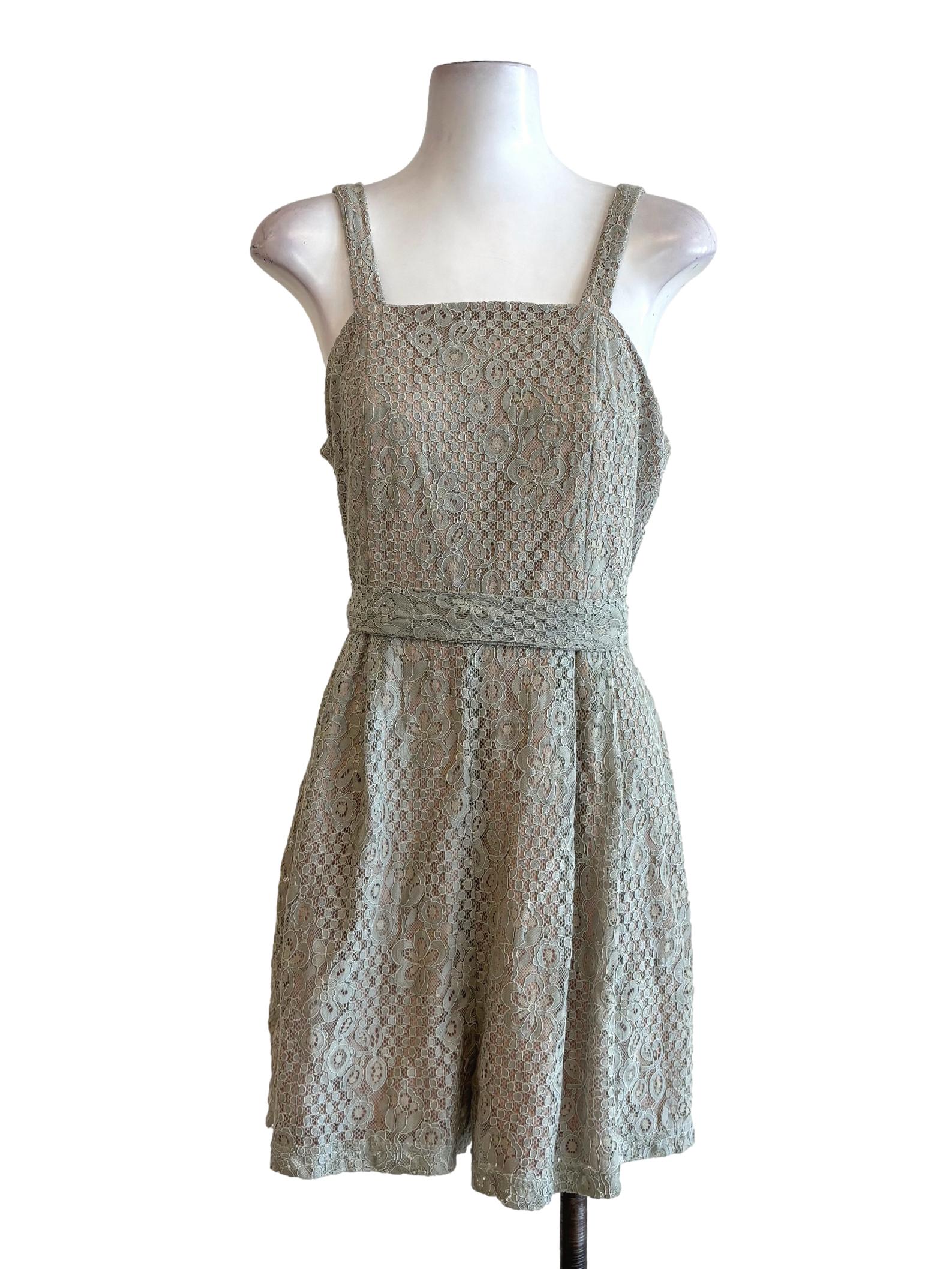 Sage Green Line Lace Sleeveless Rompers