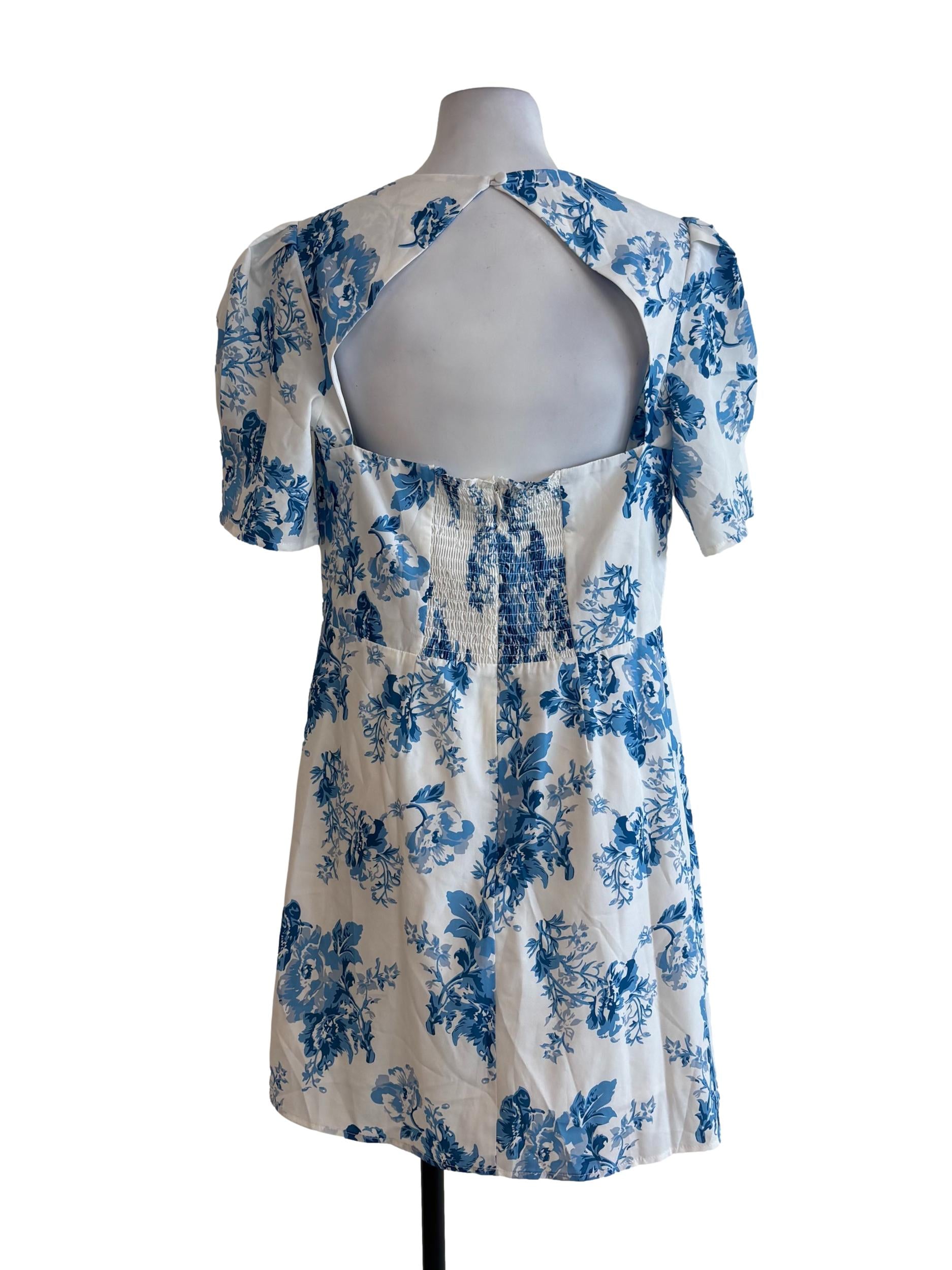 White Blue Floral A-Line Dress