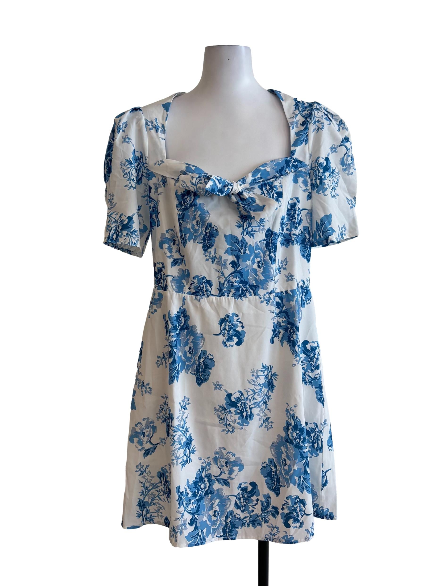 White Blue Floral A-Line Dress