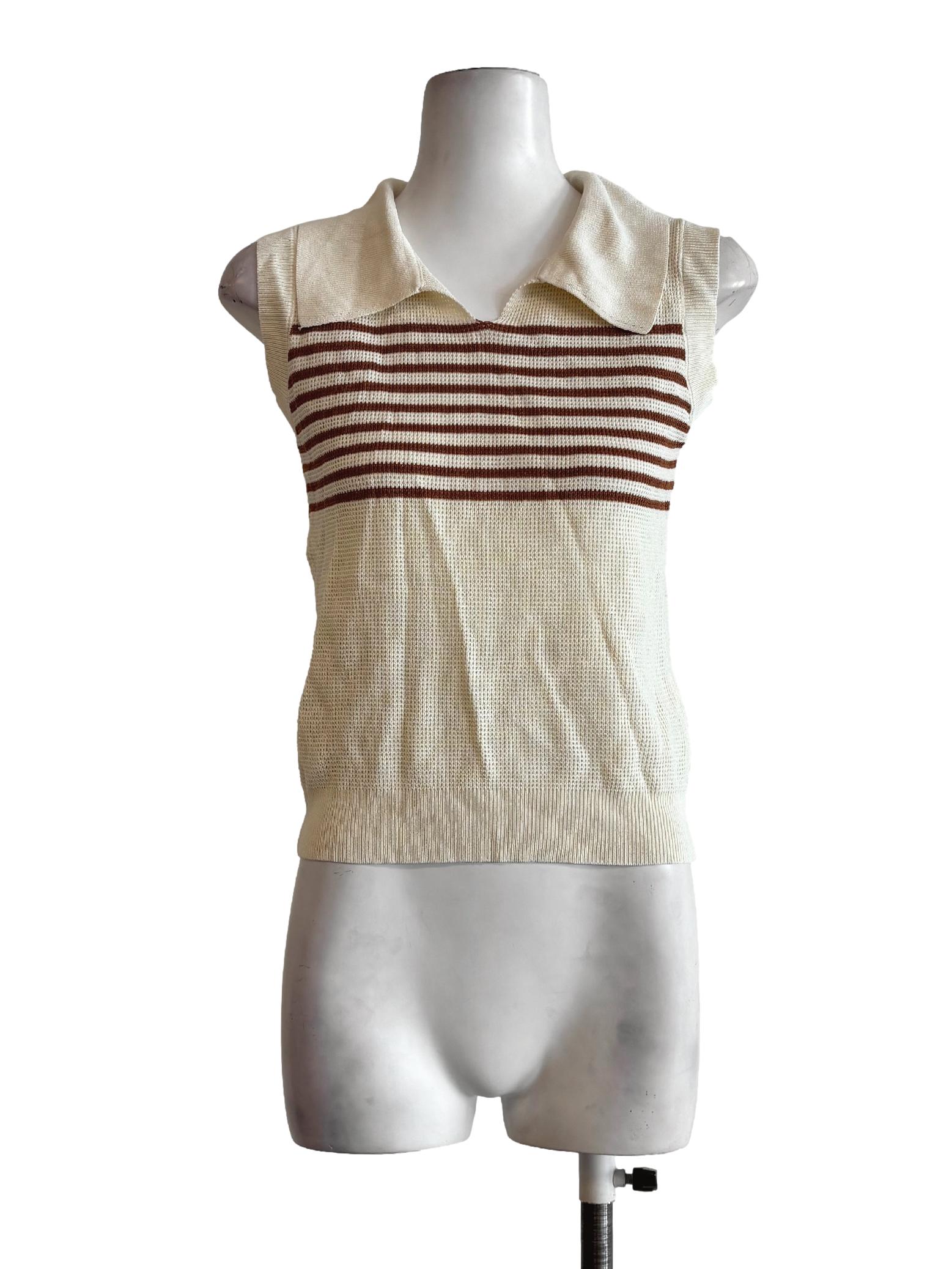 Cream Brown Stripes Collared Sleeveless Knitwear