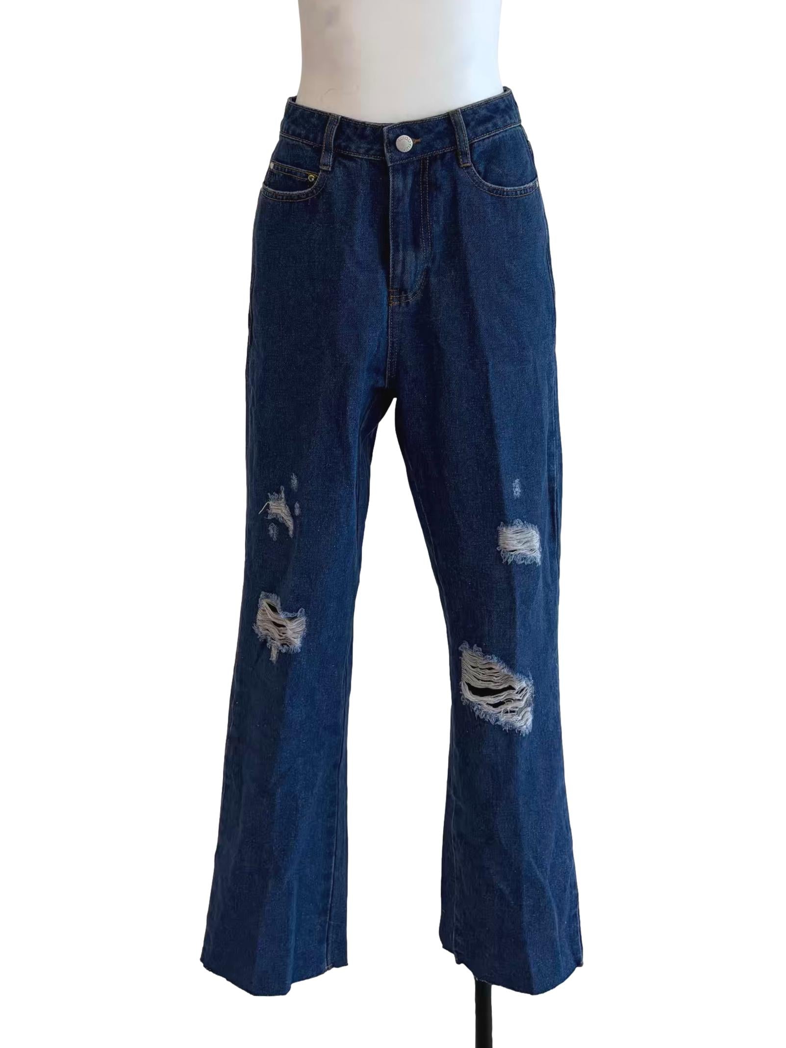 Denim Blue Ripped Flare Jeans