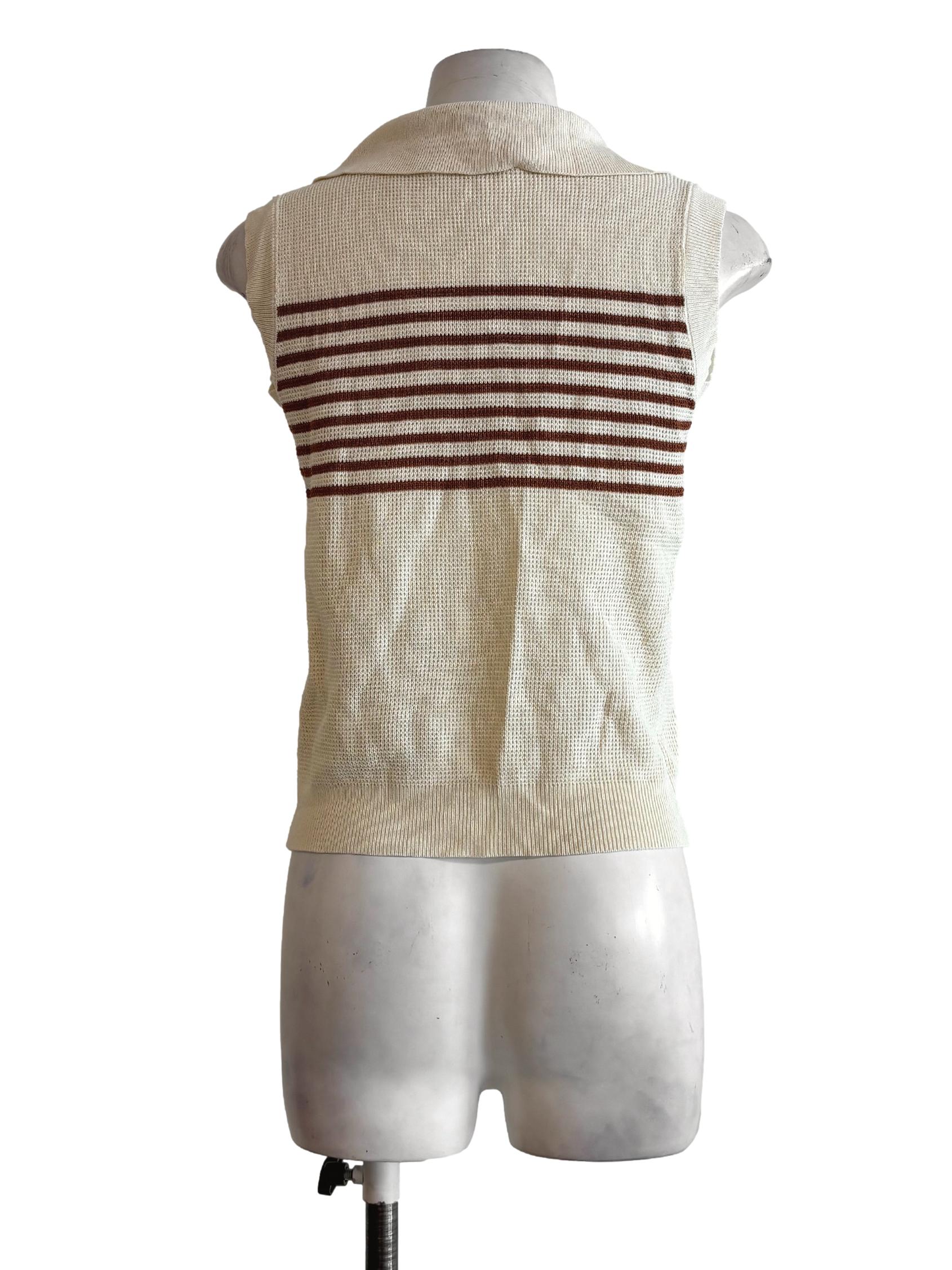 Cream Brown Stripes Collared Sleeveless Knitwear