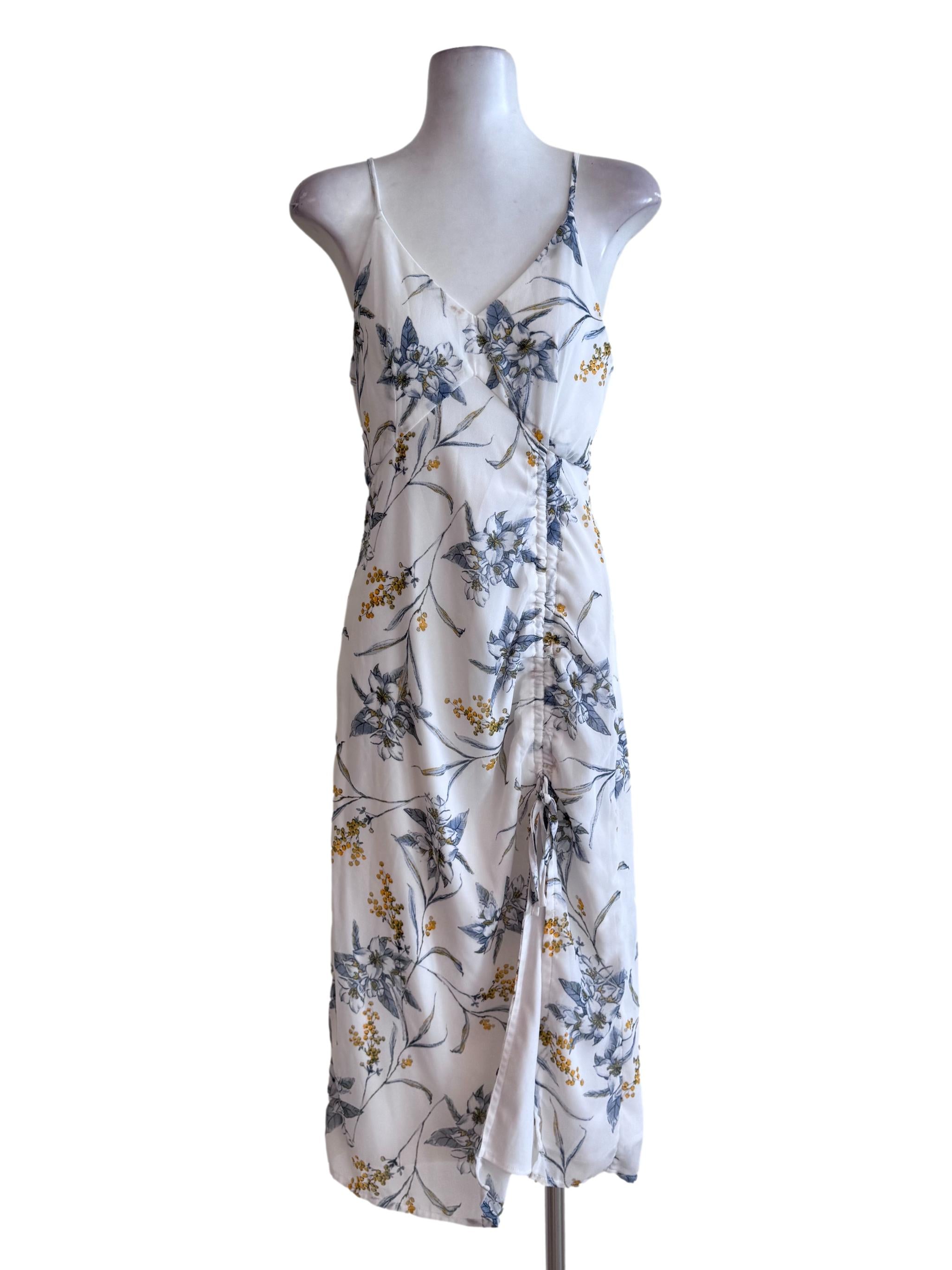 White Floral Print V Neck Sleeveless Dress YHF
