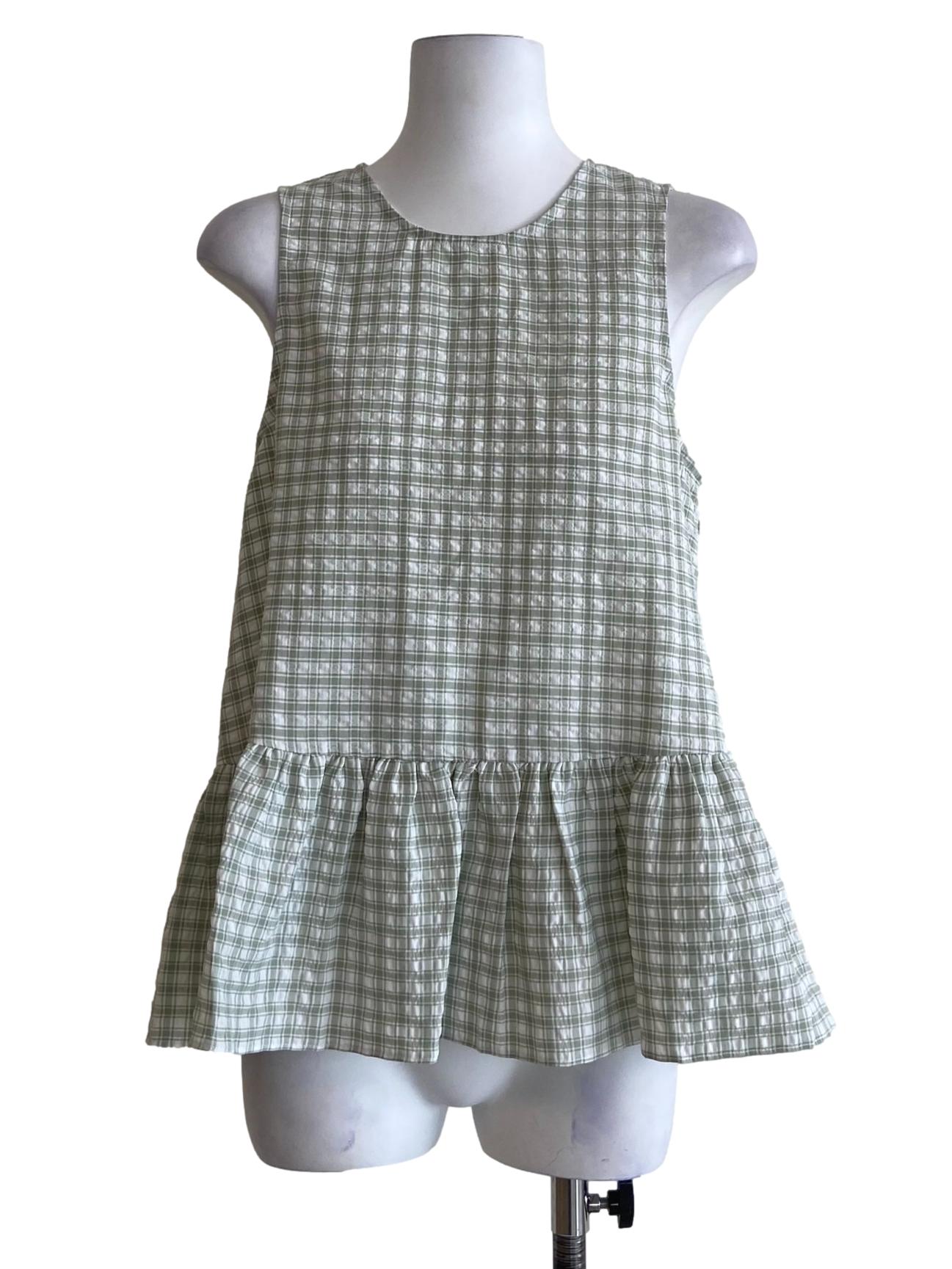 Sage Green & White Tartan Sleeveless Top