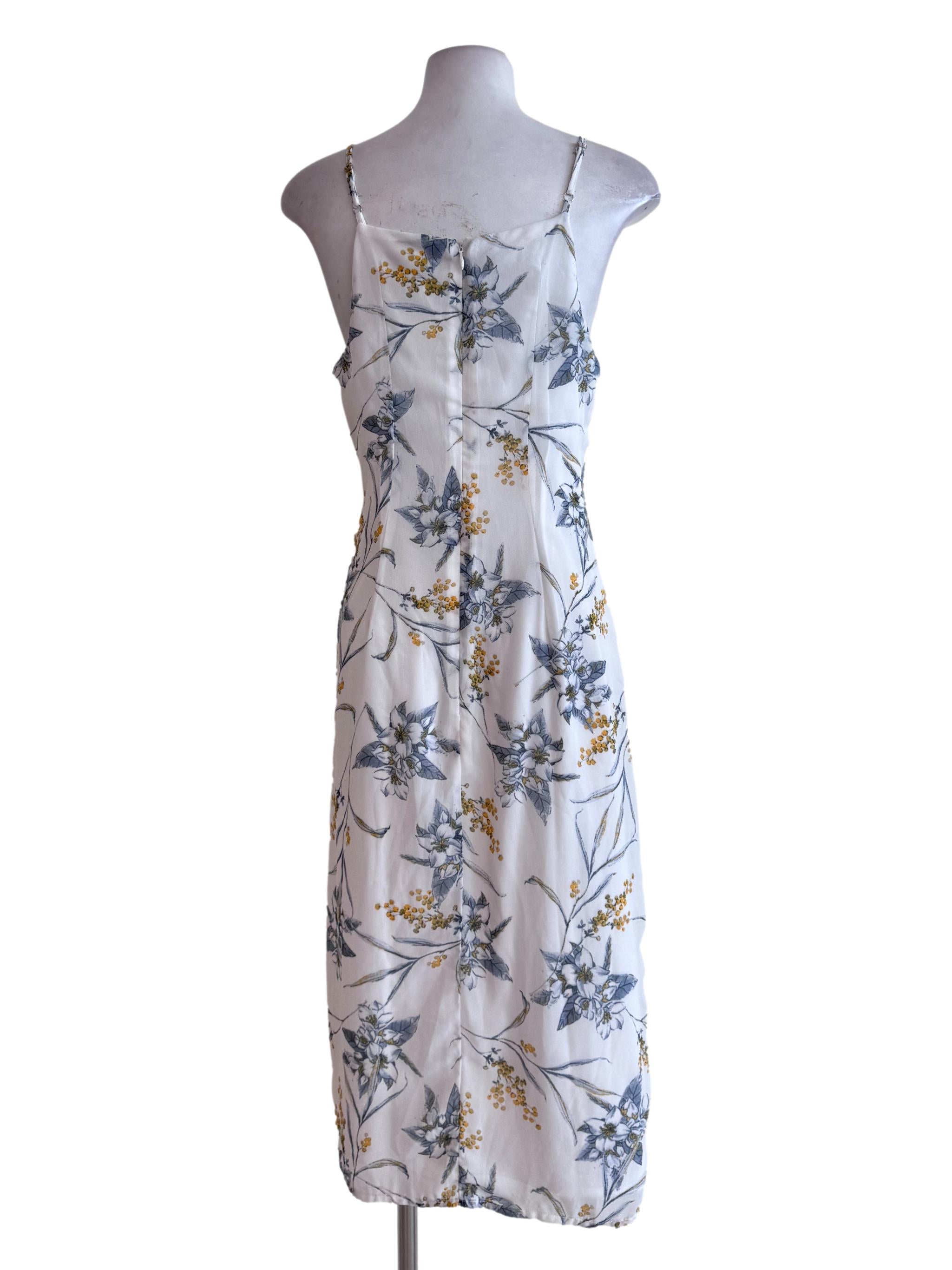 White Floral Print V Neck Sleeveless Dress YHF