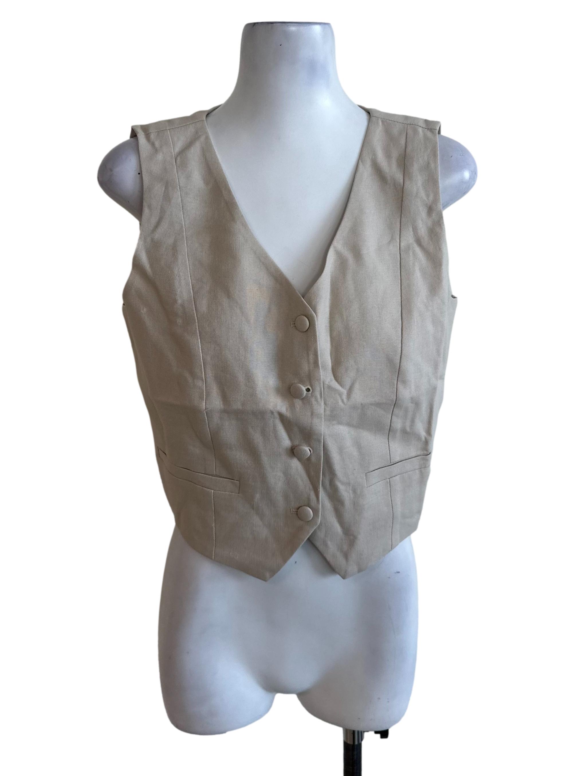 Sand Beige V Neck Button Vest