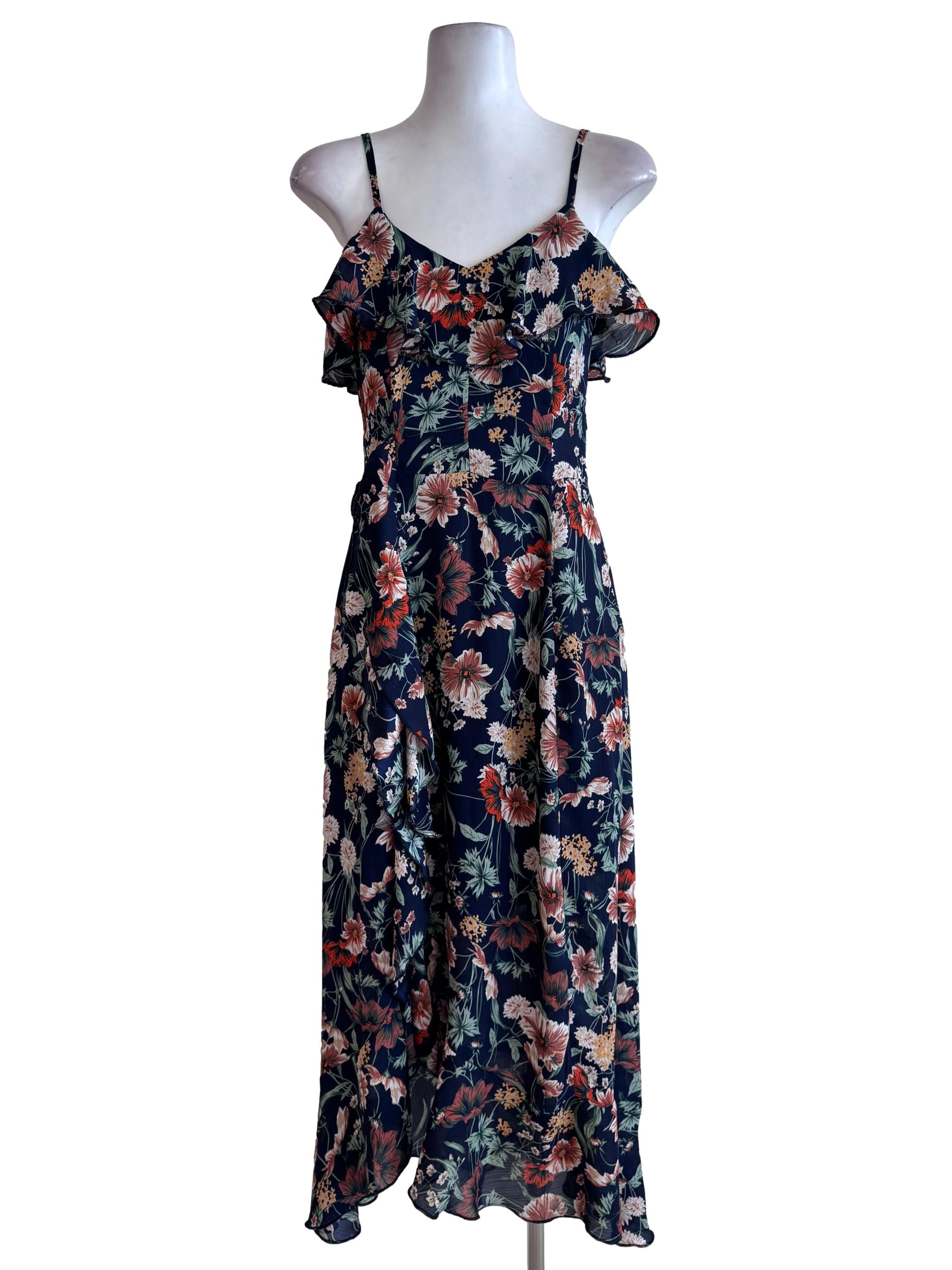Denim Blue Multicolour Floral Print Sleeveless Dress