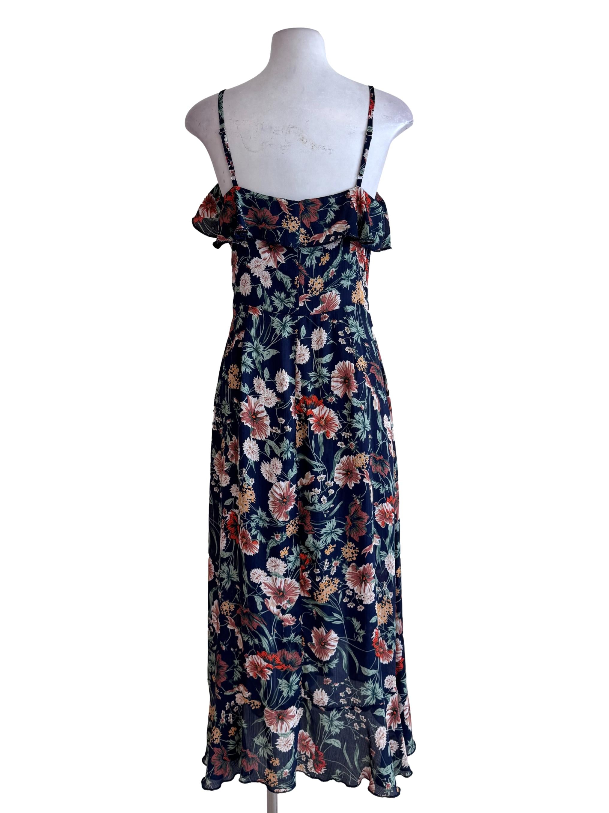 Denim Blue Multicolour Floral Print Sleeveless Dress