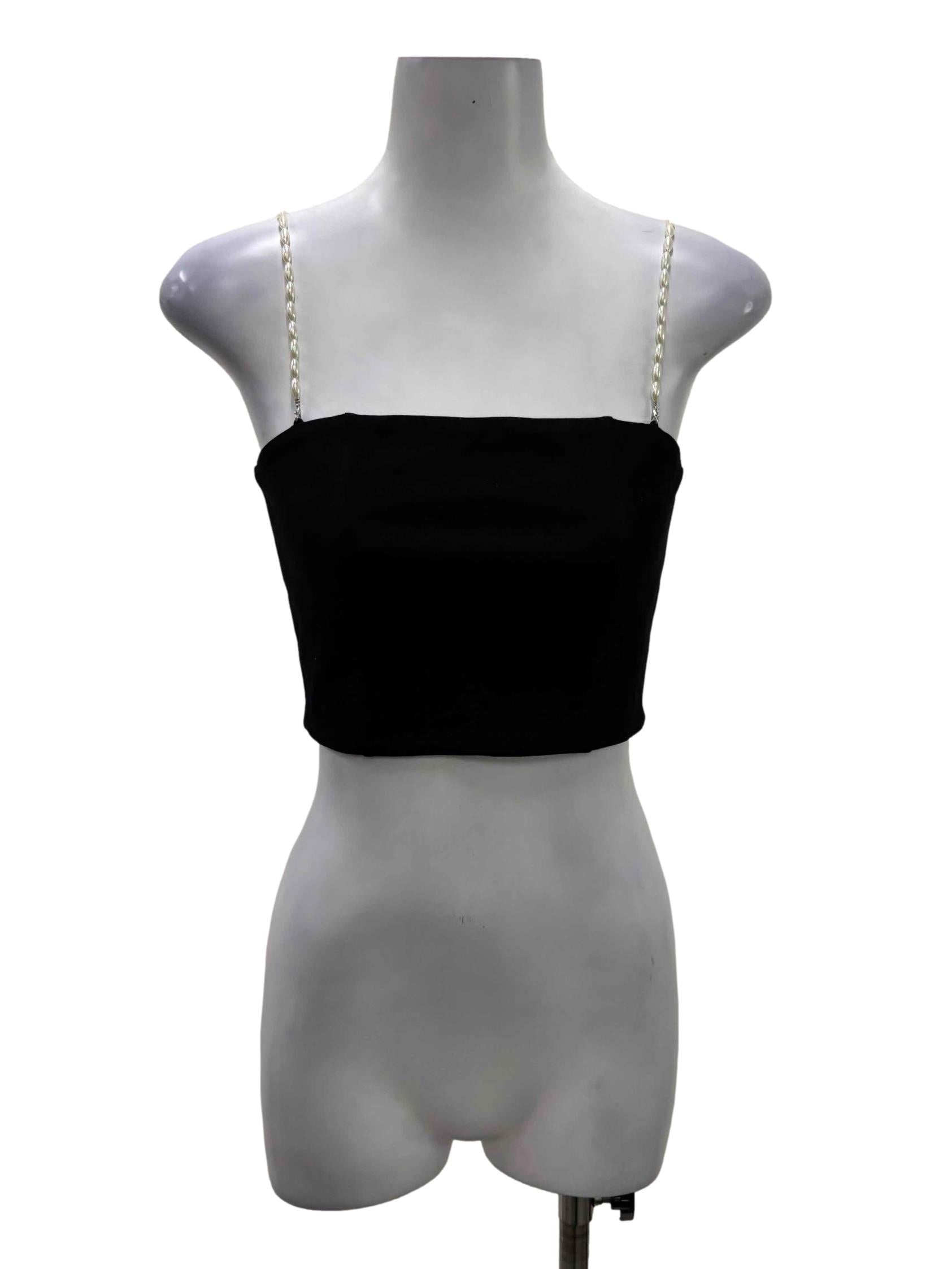 Black Halter Top With Pearl Straps