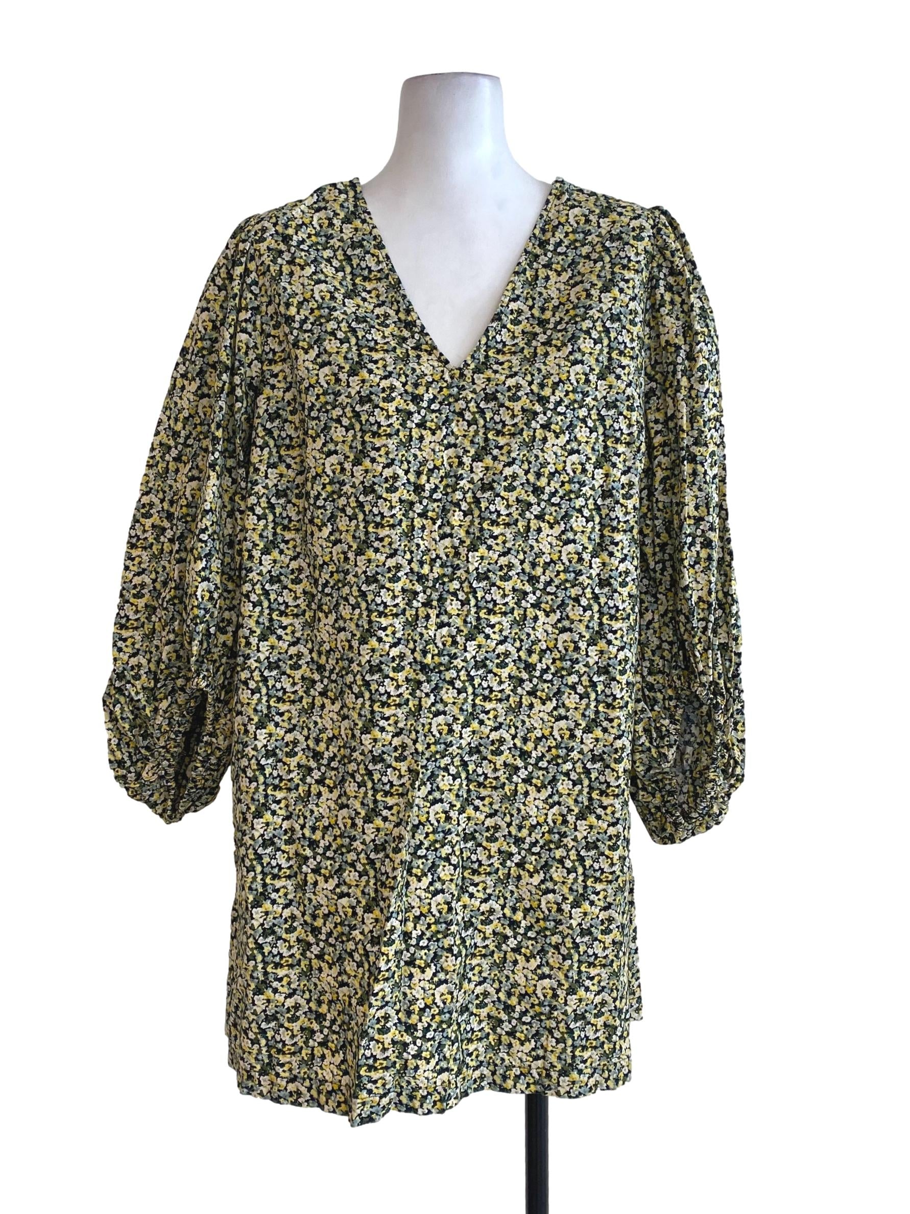 Green Floral V Neck Dress