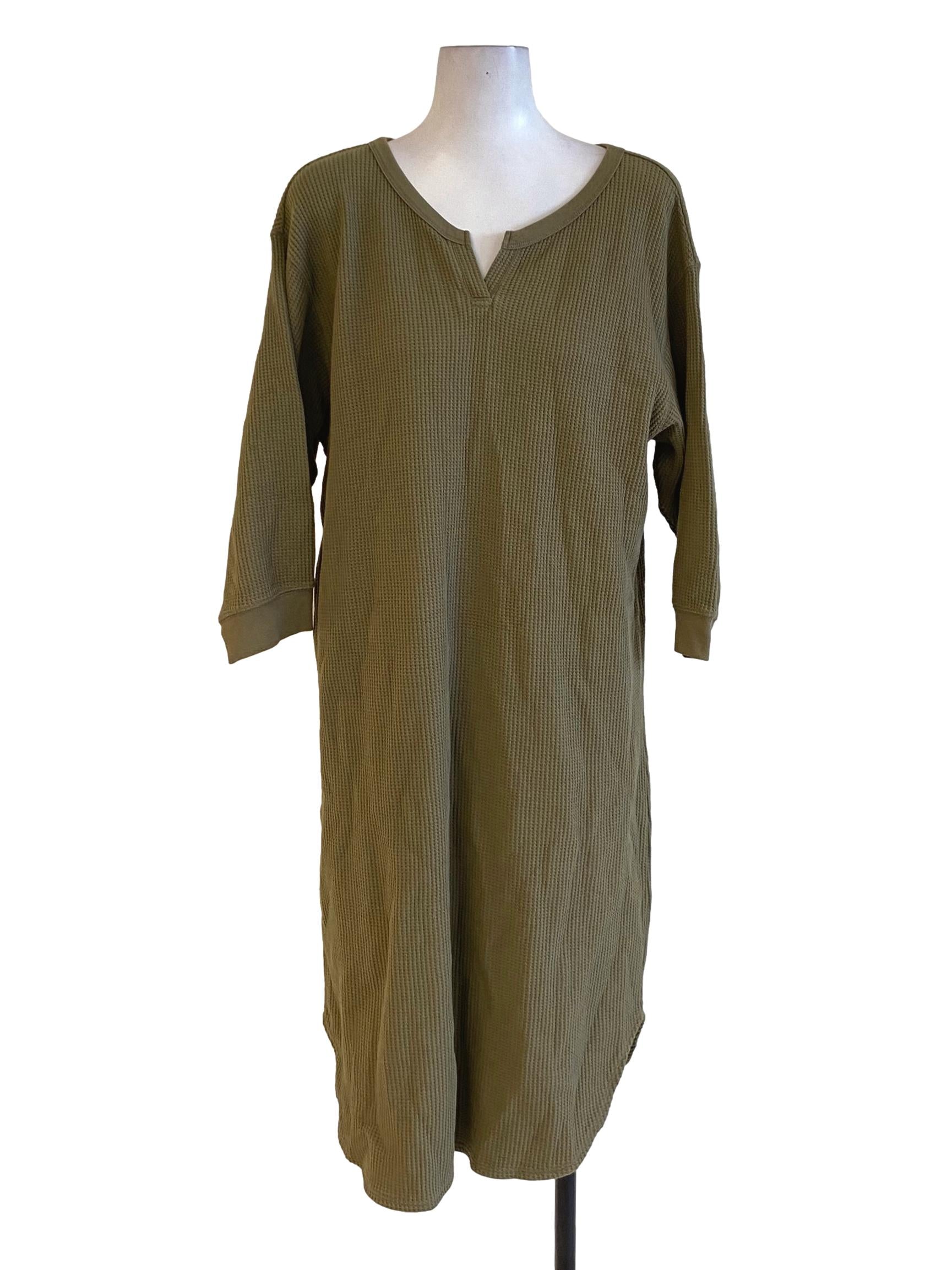 Olive Green Waffle Round Neck Shirt Dress