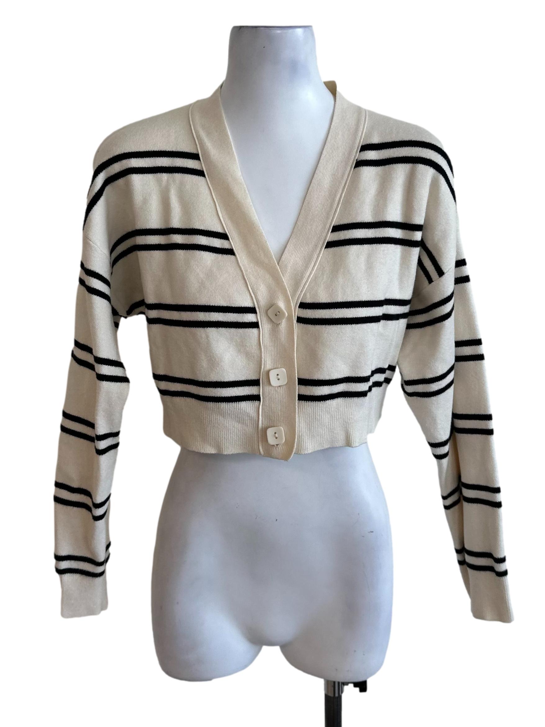 Cream White Stripe Button Crop Cardigan