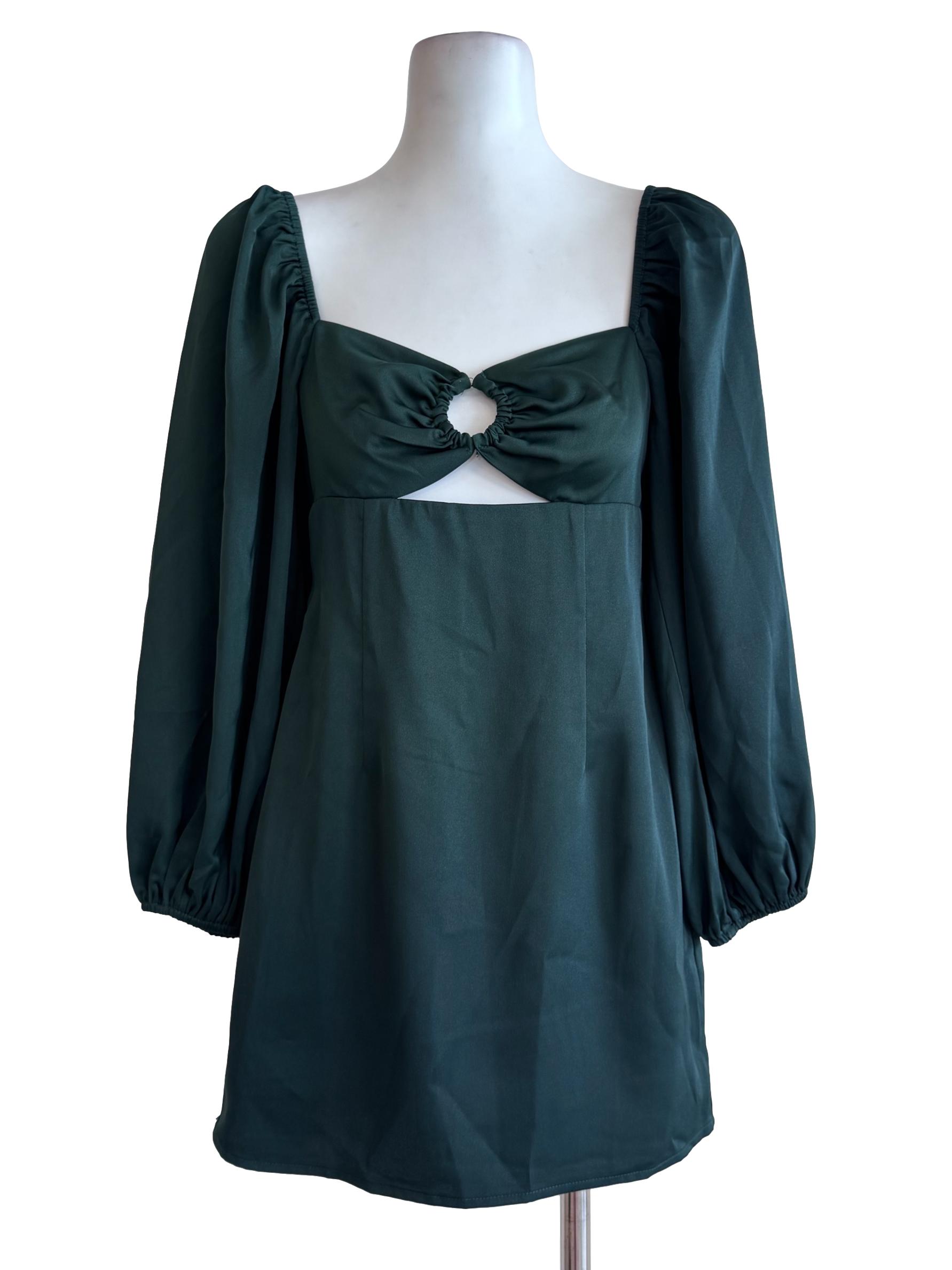 Basil Green Puff Long Sleeve Mini Dress