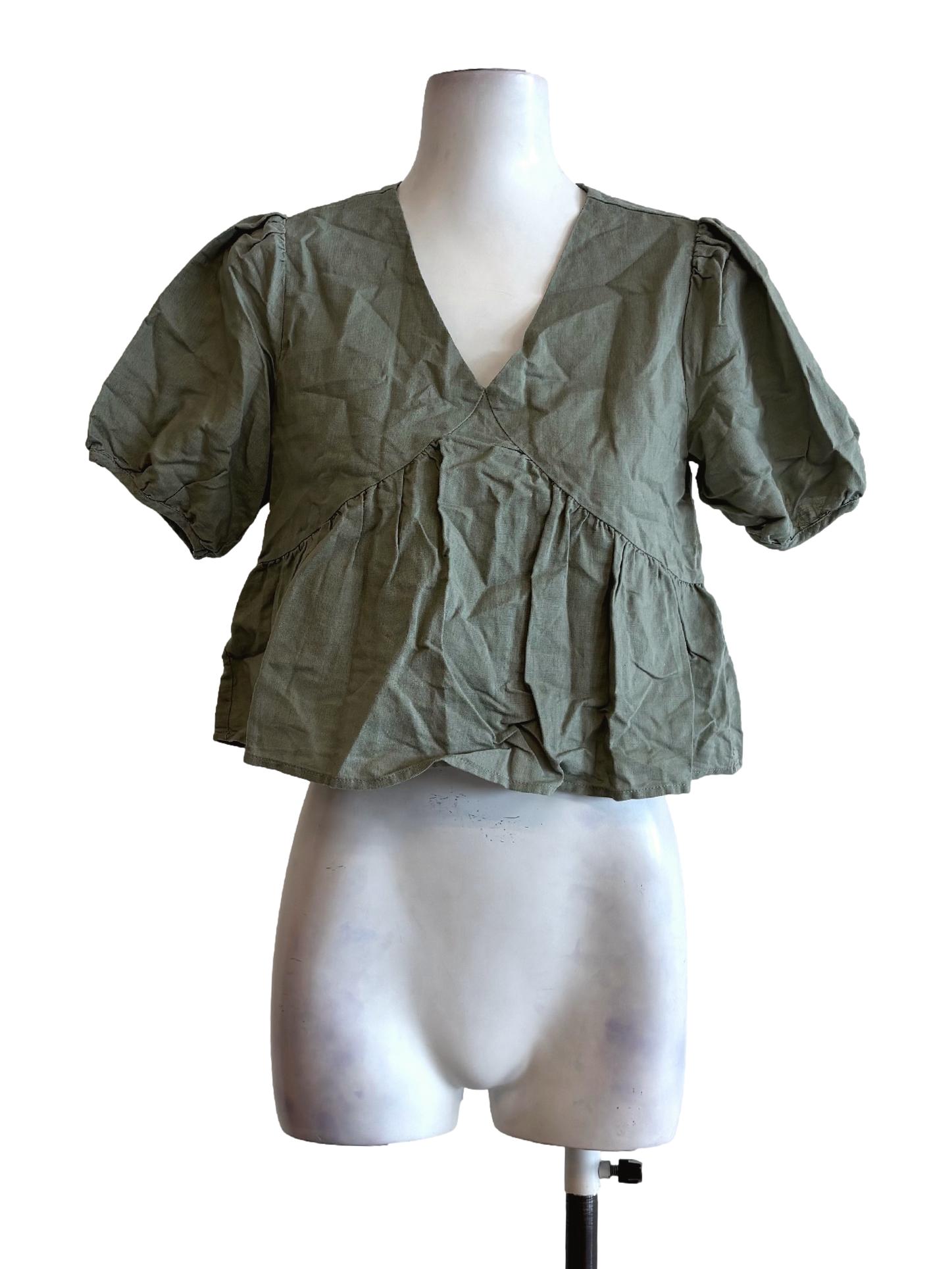 Sage Green Short Sleeve Cotton Blouse