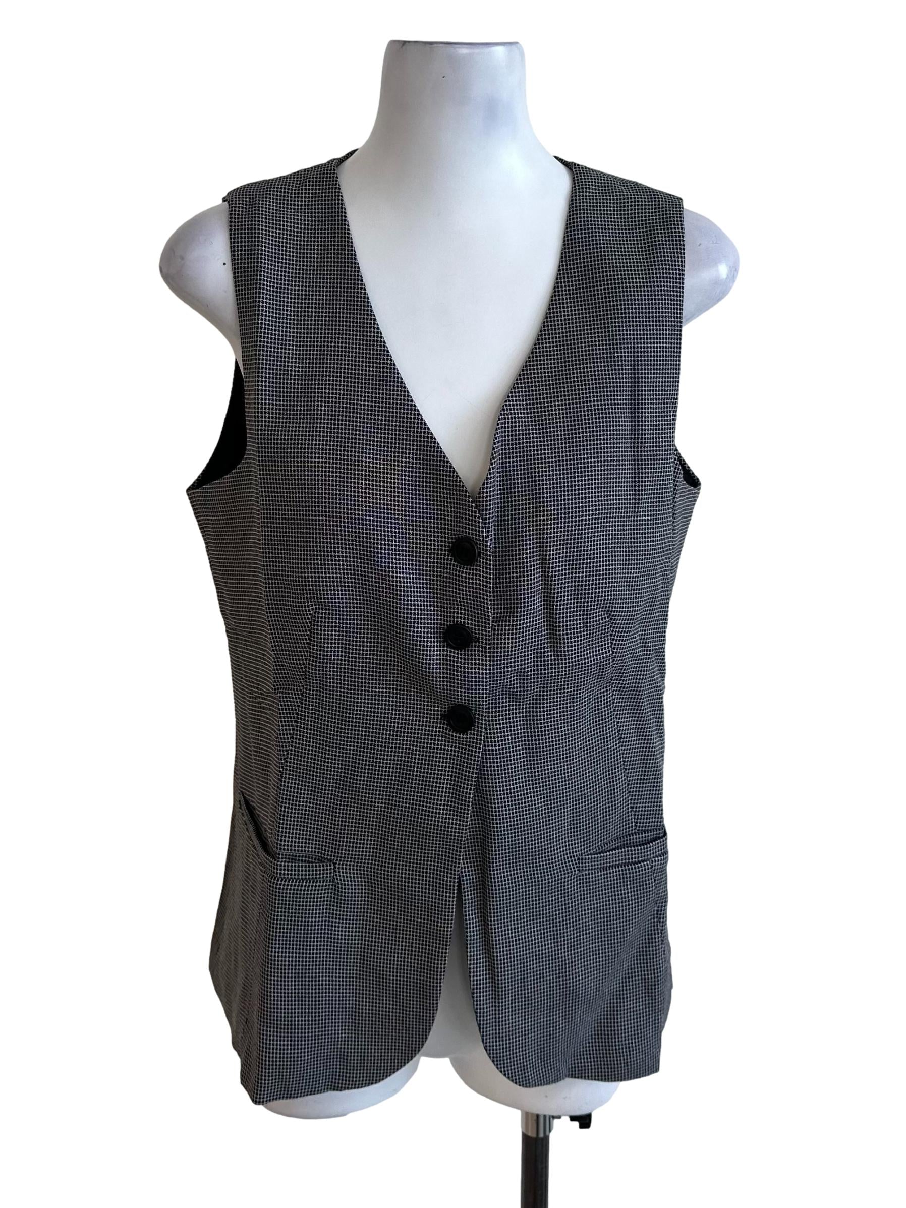 Charcoal Black Plaid V Neck Button Vest