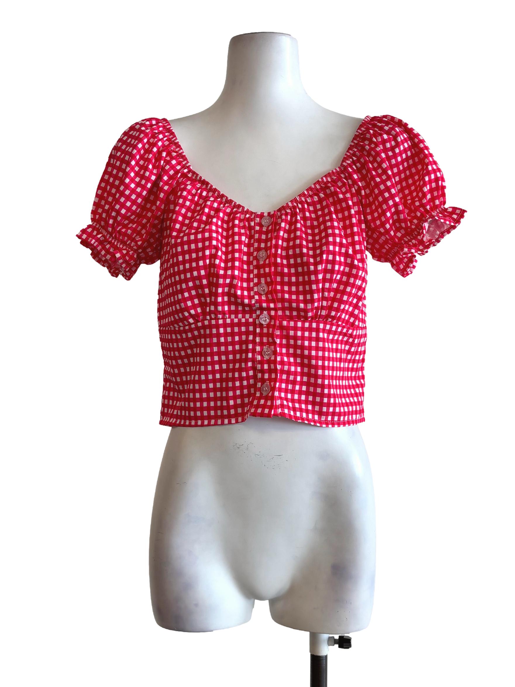 Plaid Red Short Sleeve Button Top