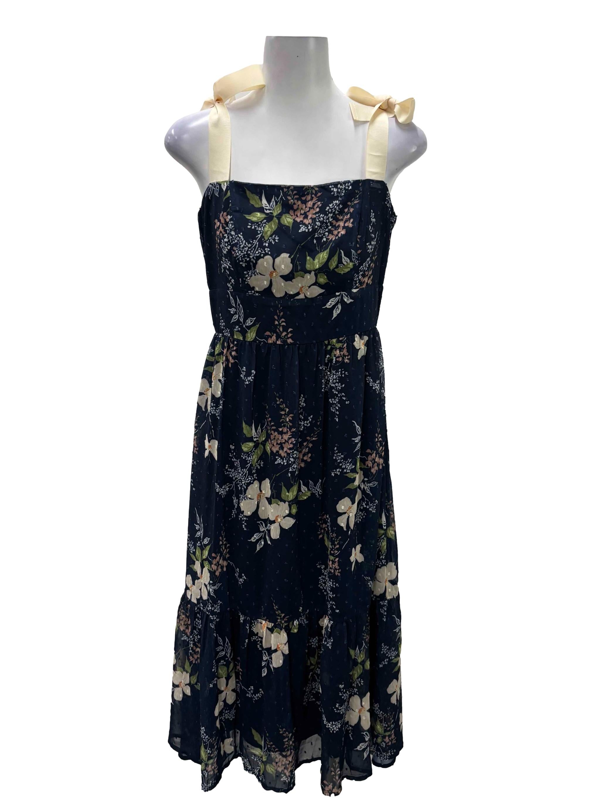 Navy Blue Floral Beige Ribbon Strap Dress