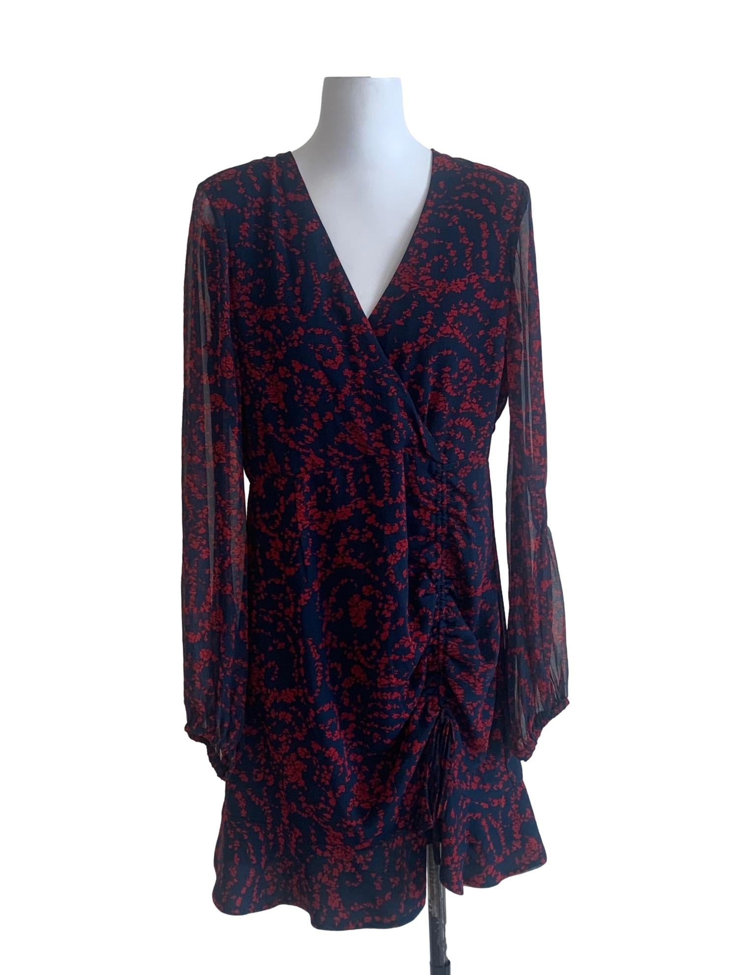 Navy Blue Floral Pattern V Neck Dress