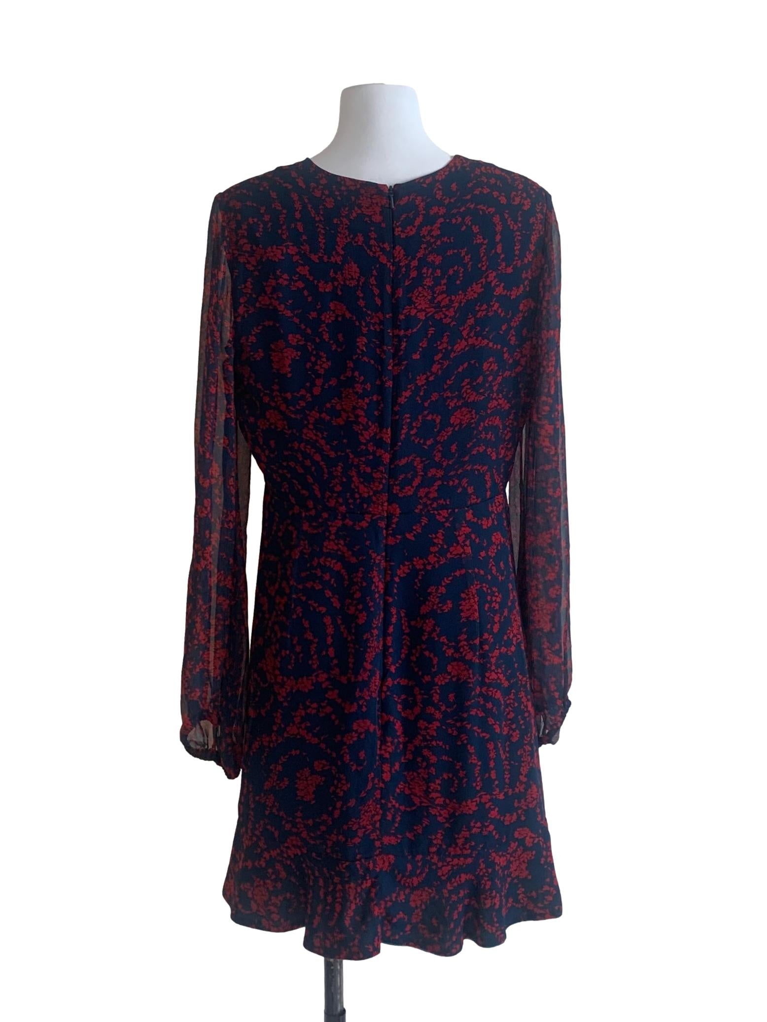 Navy Blue Floral Pattern V Neck Dress