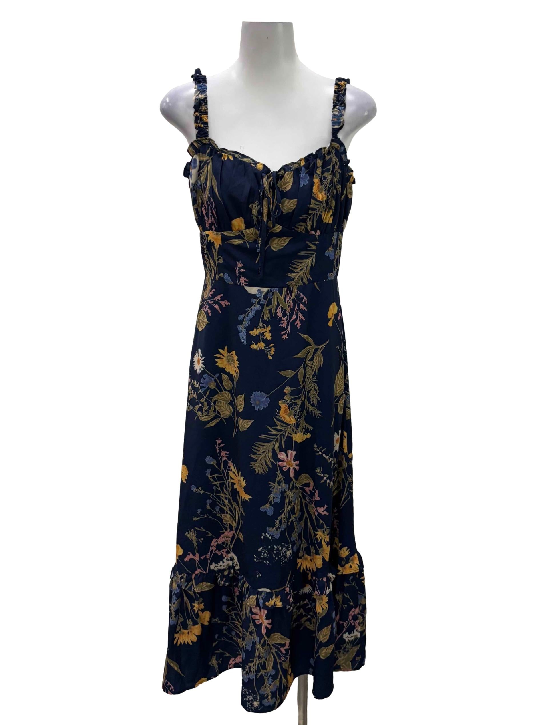 Navy Blue Floral Tie Front Maxi Dress