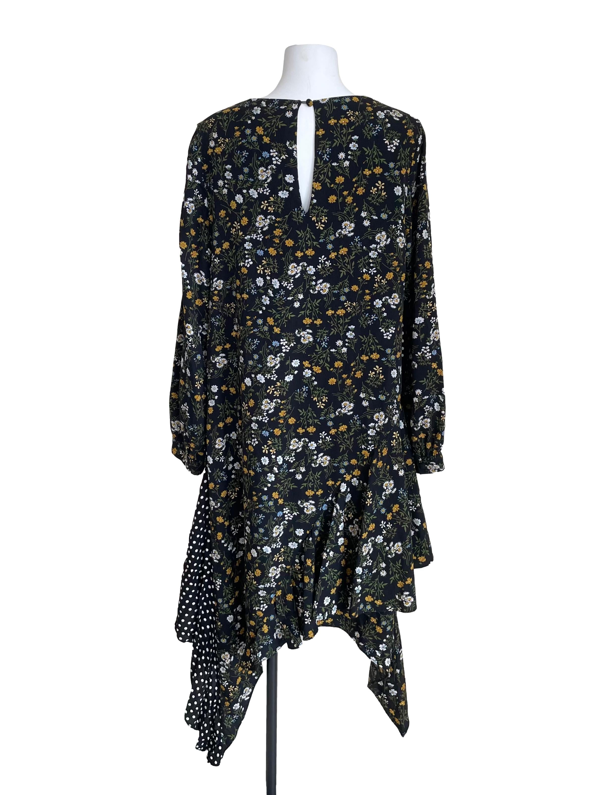 Black Floral & Polka Dots Yoke Dress