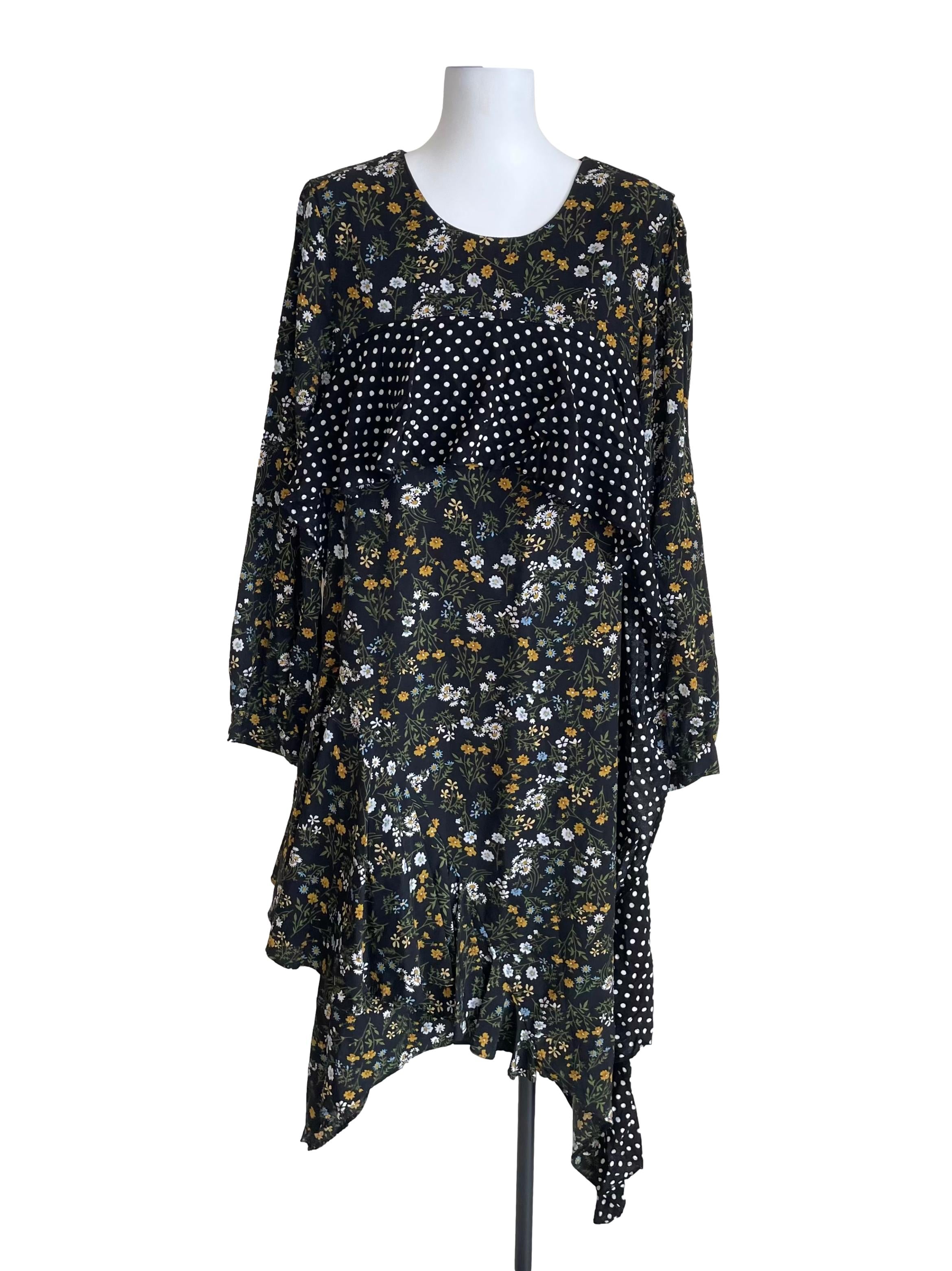 Black Floral & Polka Dots Yoke Dress