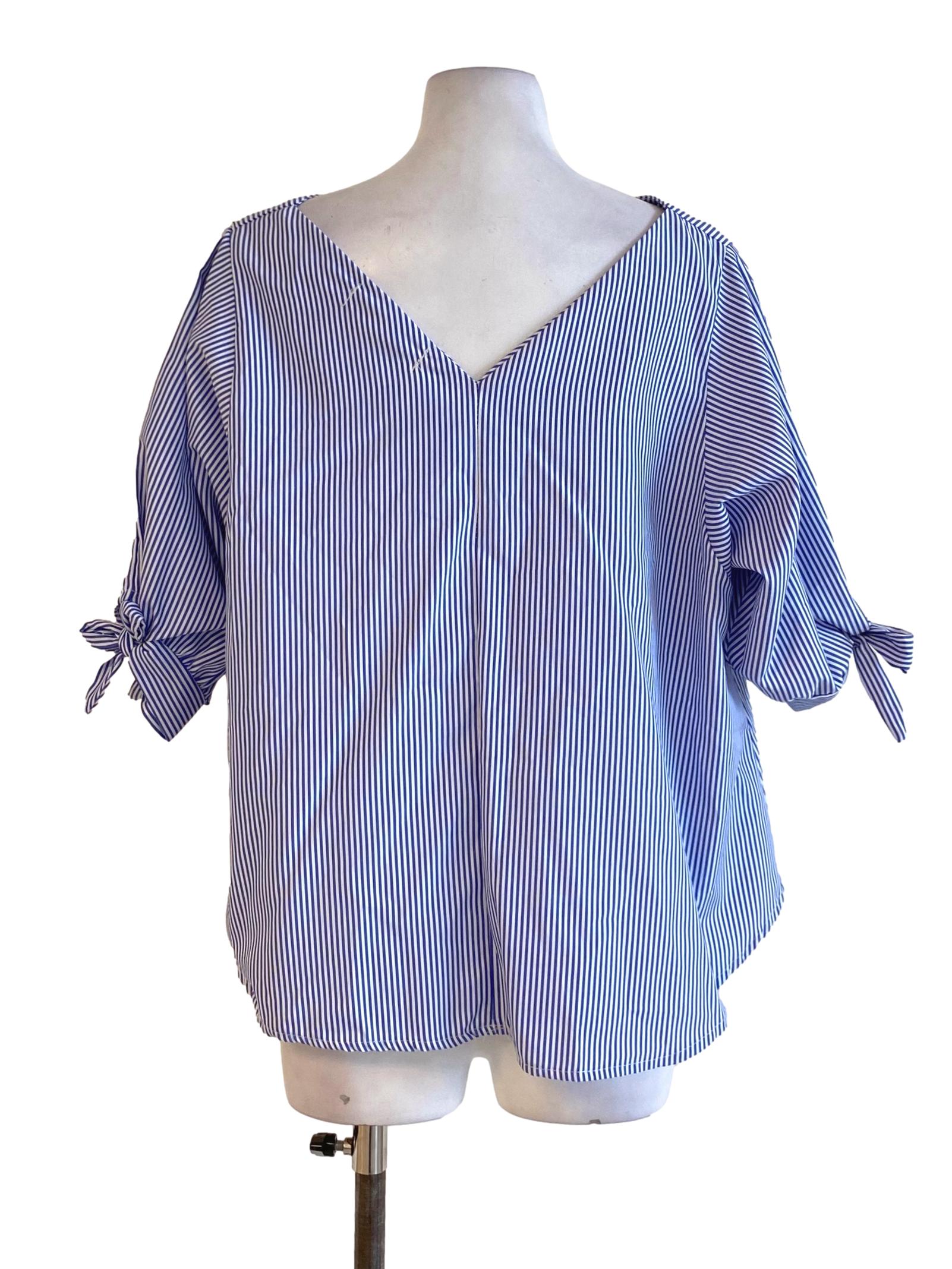 Cobalt Blue Thin Stripes V-Neck Shirt Blouse