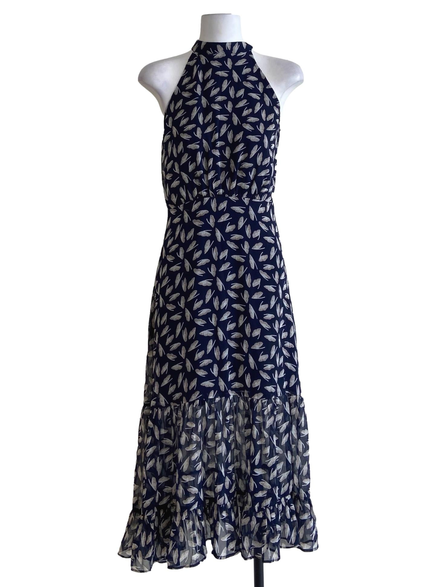 Navy Blue Floral Halter Neck Drop Waist Dress