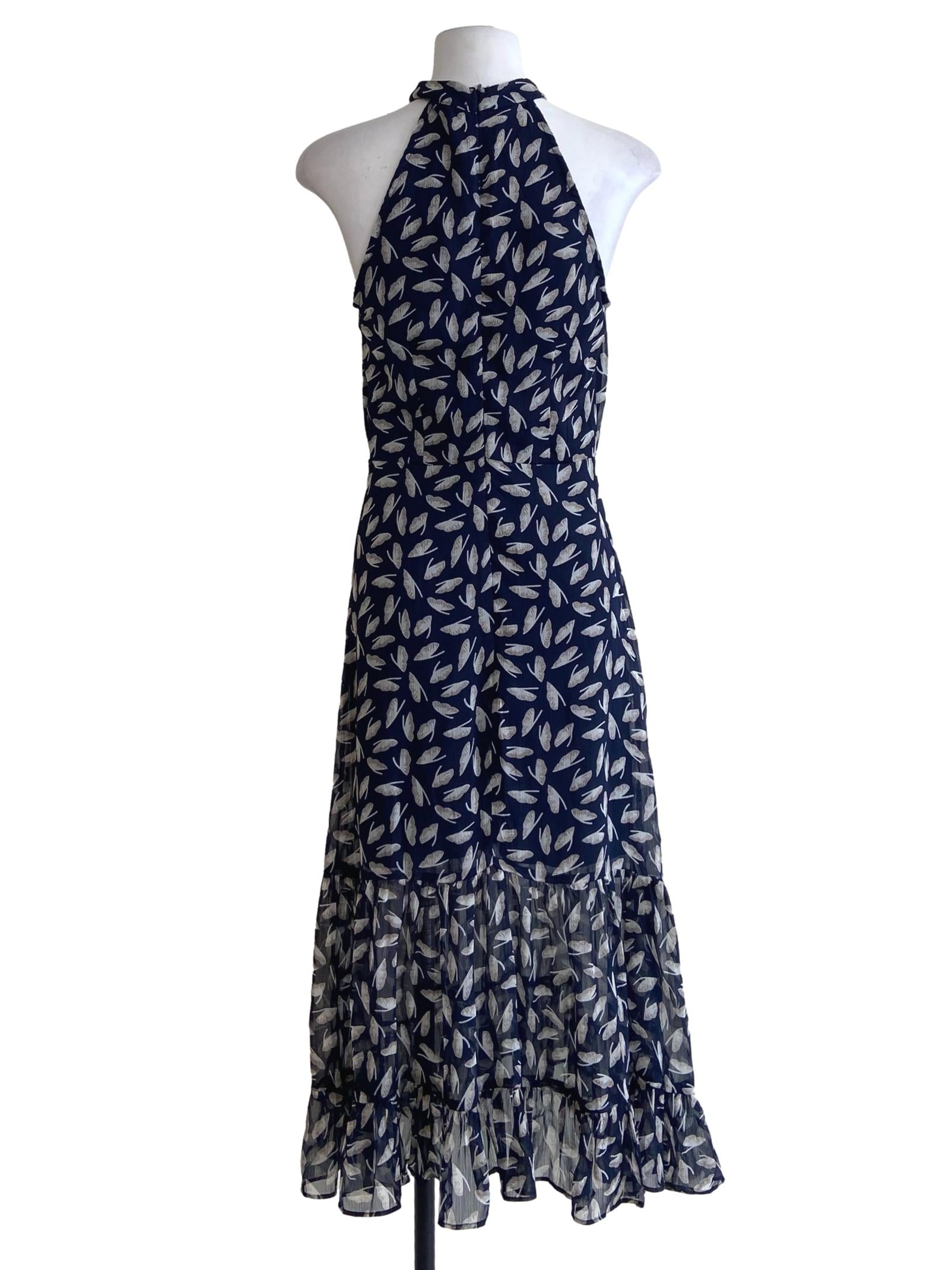 Navy Blue Floral Halter Neck Drop Waist Dress