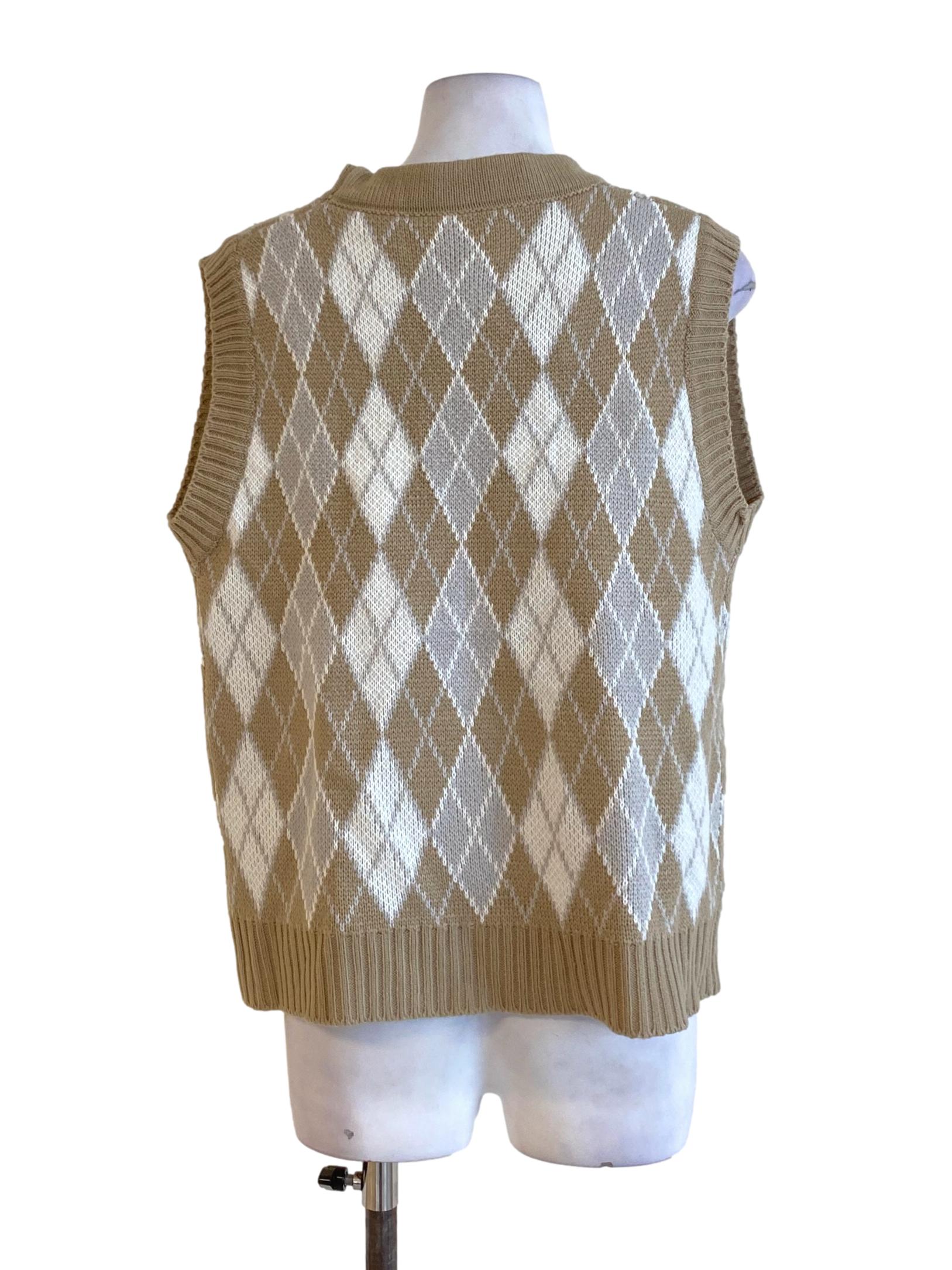 Light Wood Brown Checkered Knitted Buttoned Down Vest