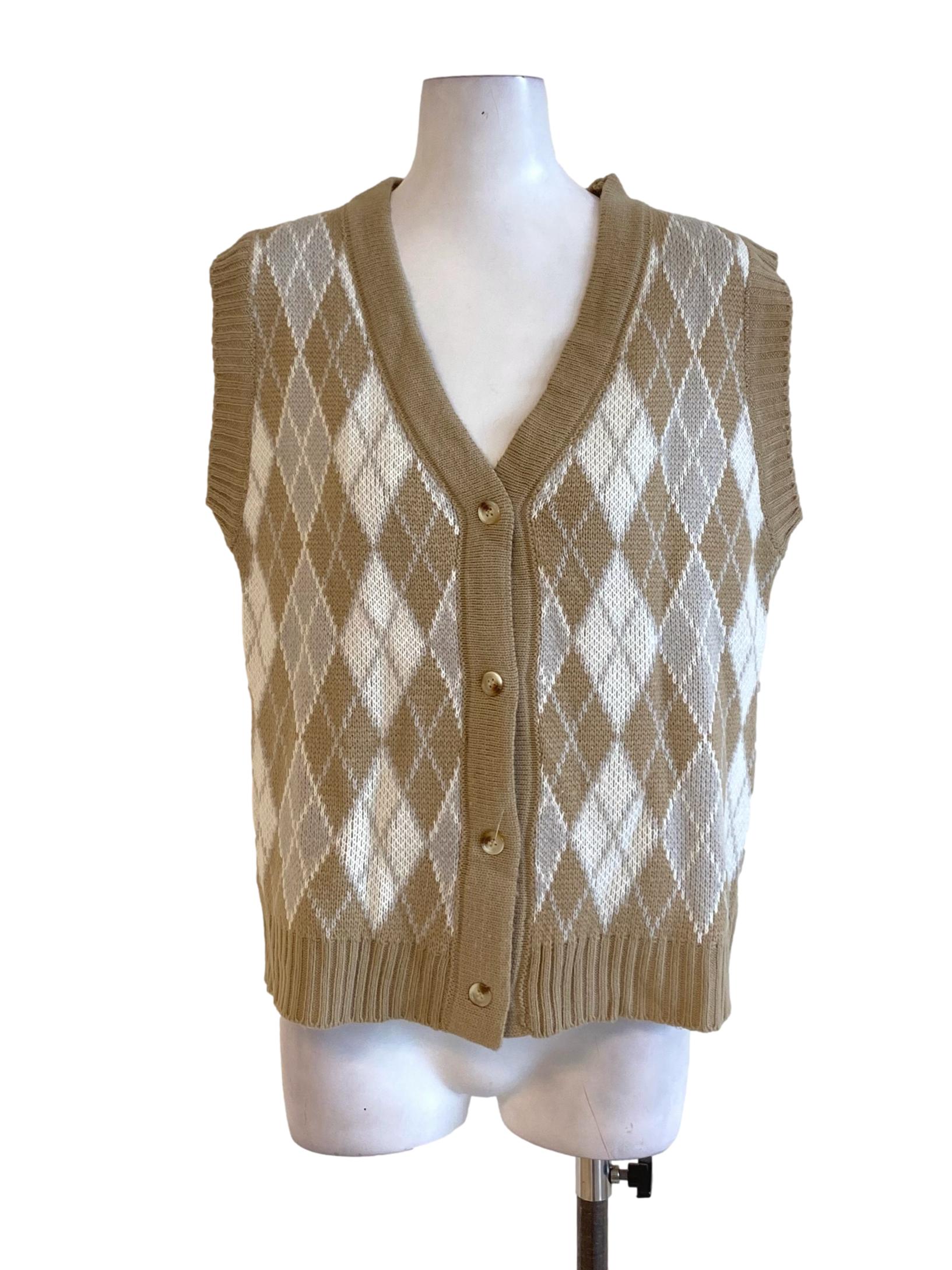 Light Wood Brown Checkered Knitted Buttoned Down Vest