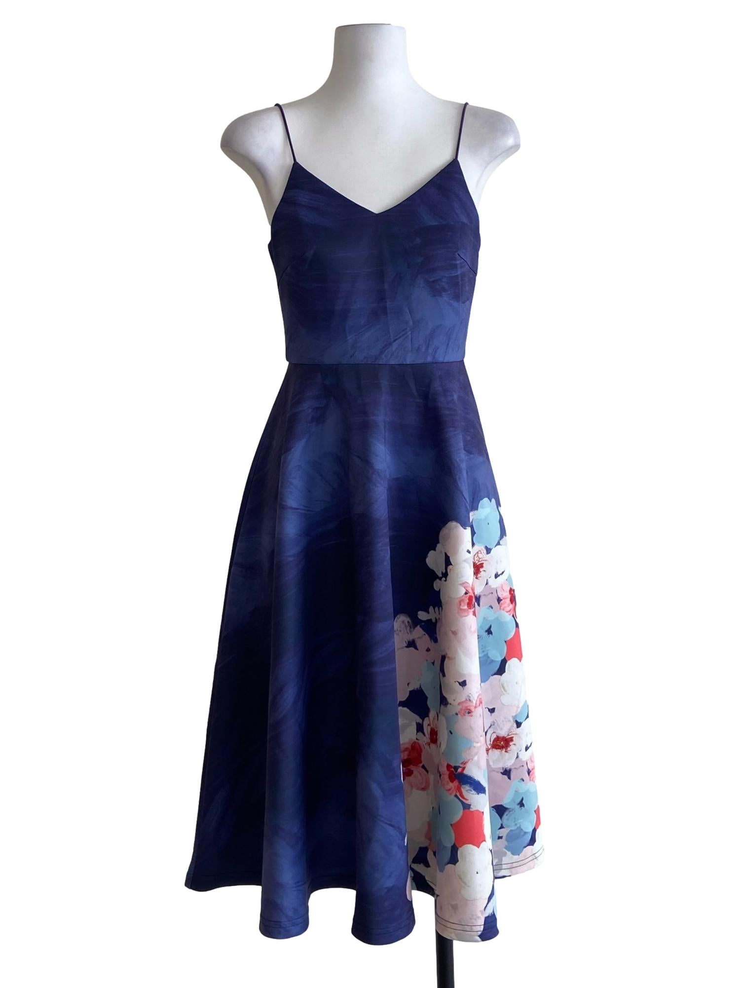 Blue Floral Spaghetti Strap A-Line Dress