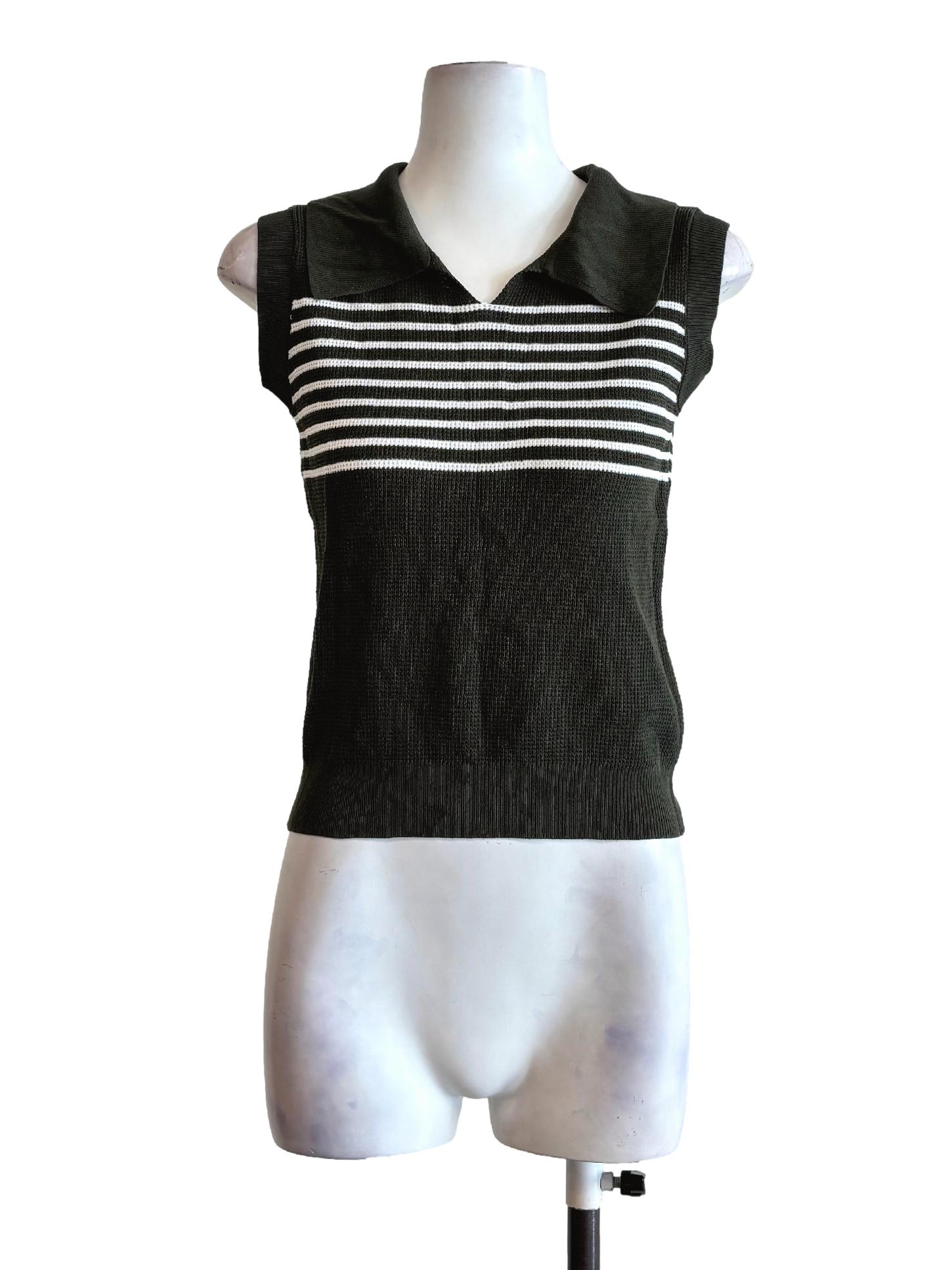Dark Green Stripes Collared Sleeveless Knitwear