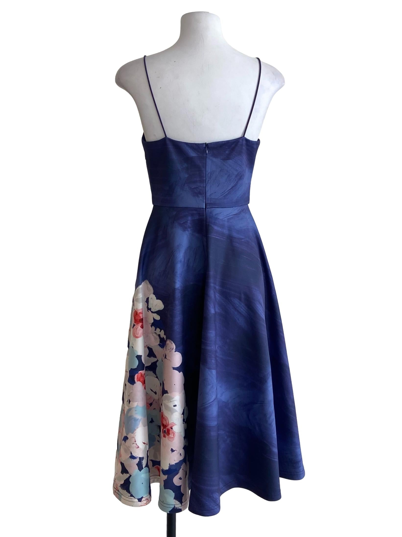 Blue Floral Spaghetti Strap A-Line Dress
