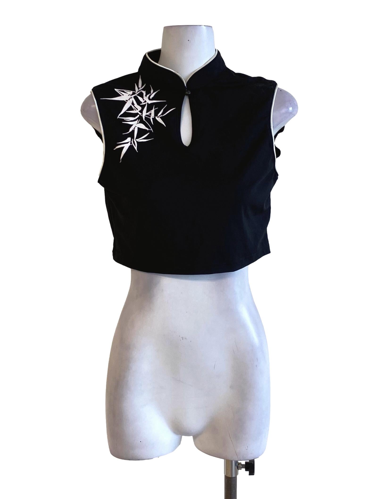 Super Black Floral Mandarin Collar Cropped Top