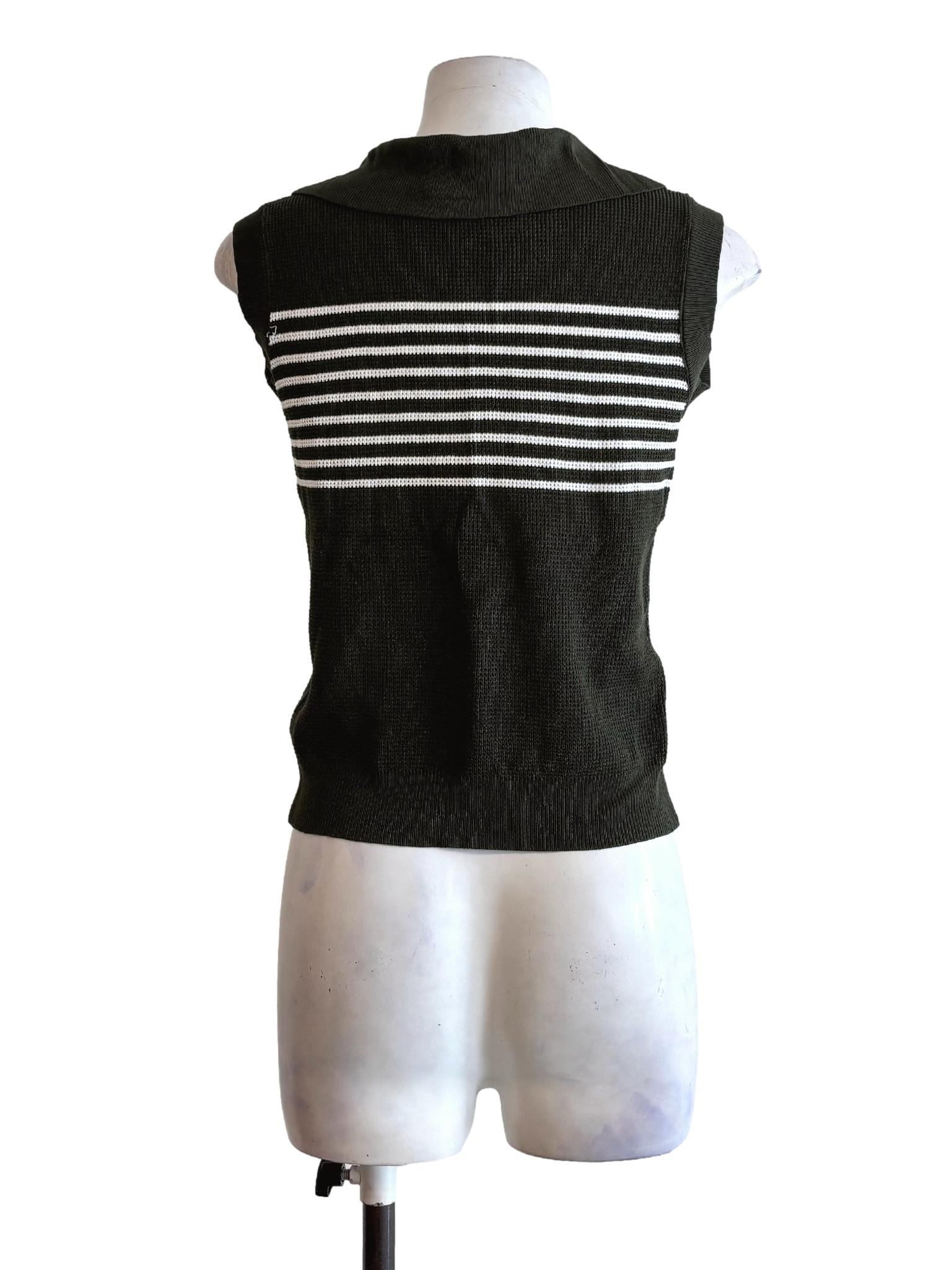 Dark Green Stripes Collared Sleeveless Knitwear