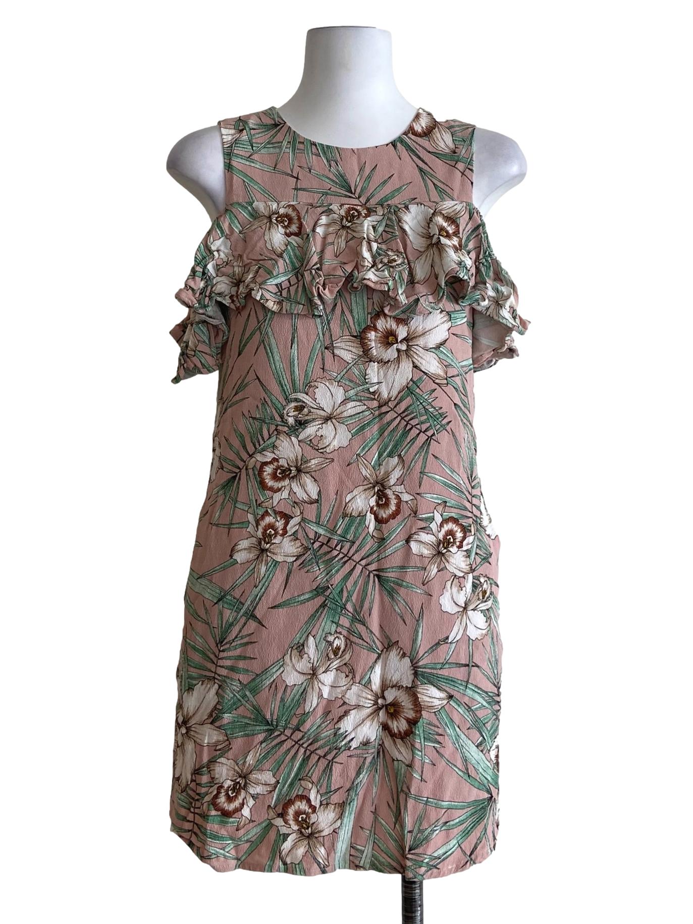 Coconut Beige Floral Ruffled Shift Dress