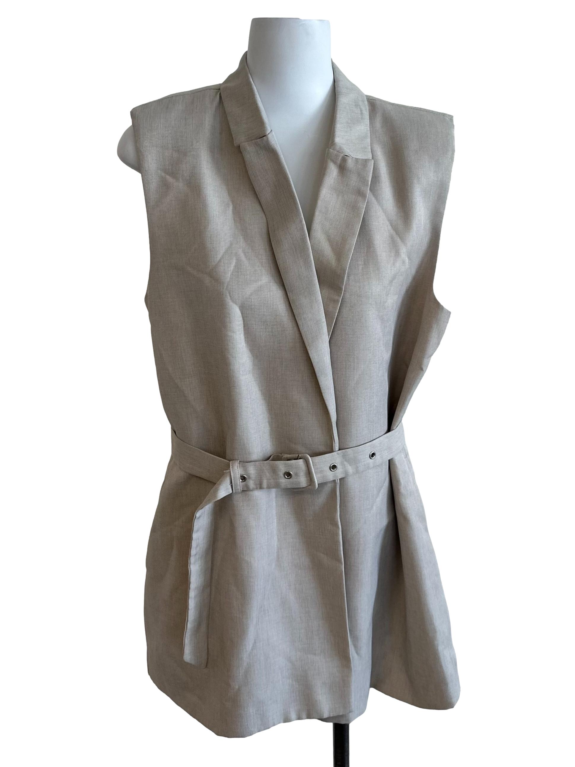 Hazel Beige Collared Sleeveless Long Blazer