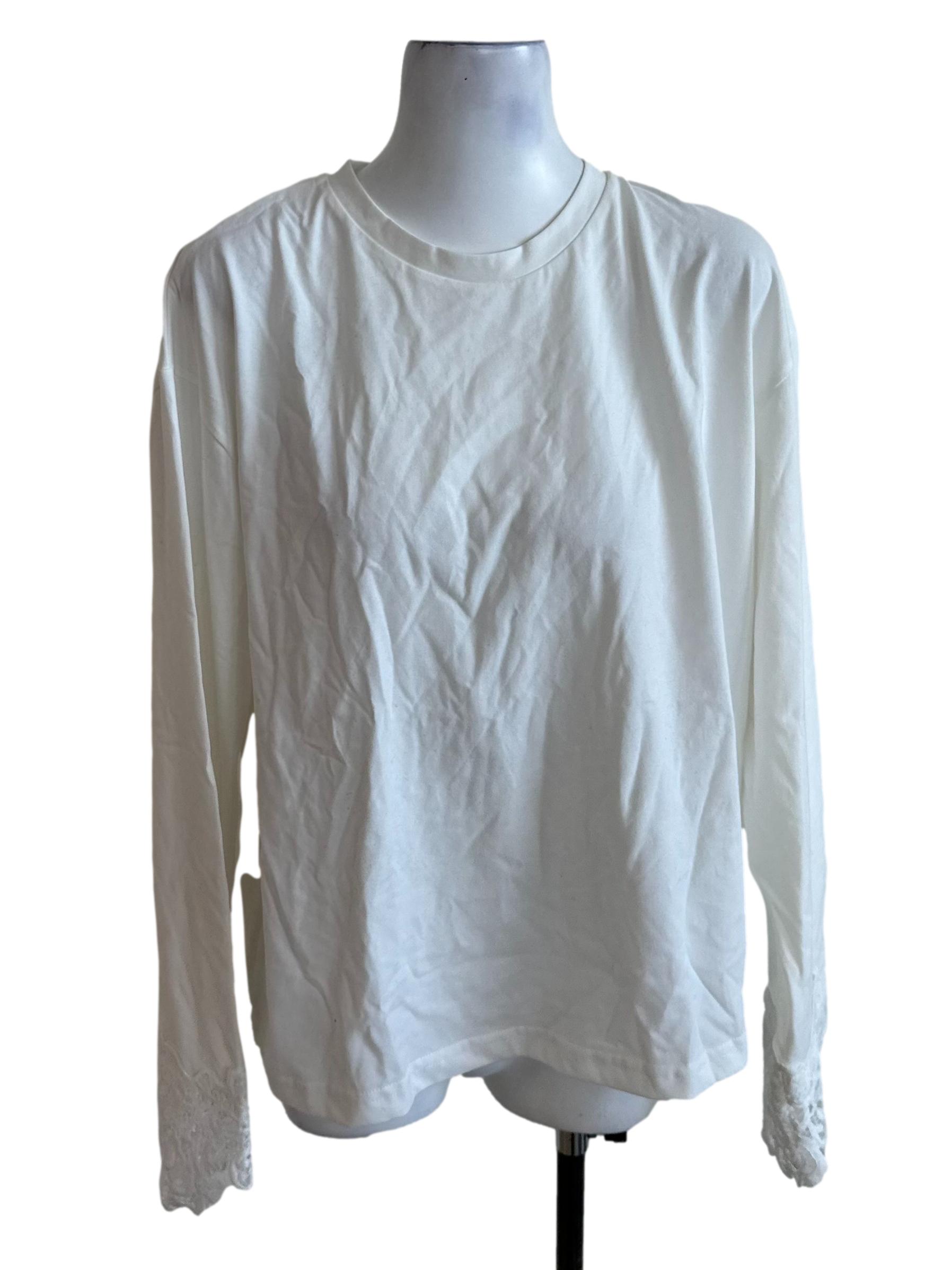 Ivory White Round Neck Lace Border Sleeve Top