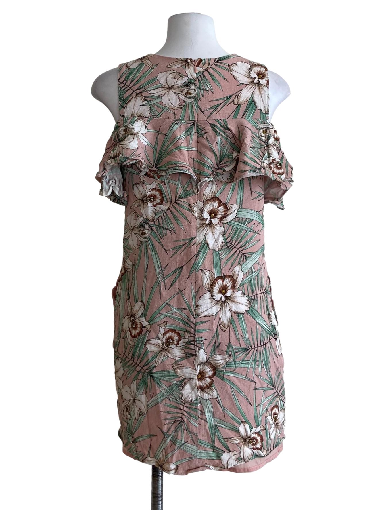 Coconut Beige Floral Ruffled Shift Dress
