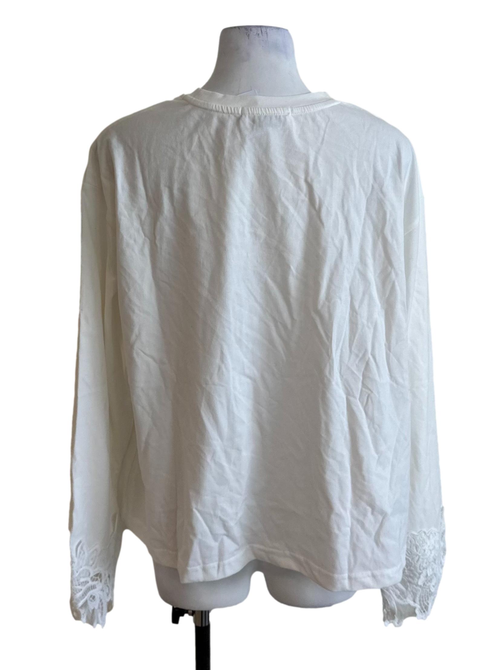Ivory White Round Neck Lace Border Sleeve Top
